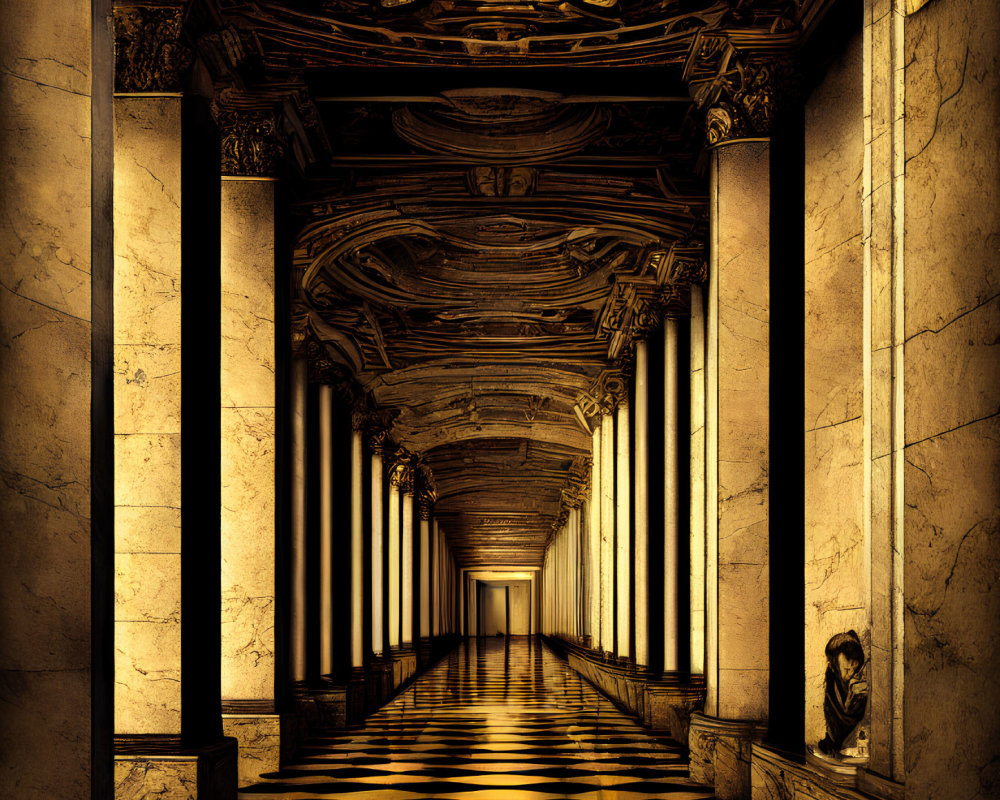 Opulent corridor with marble columns, chequered floor, ornate ceiling artwork