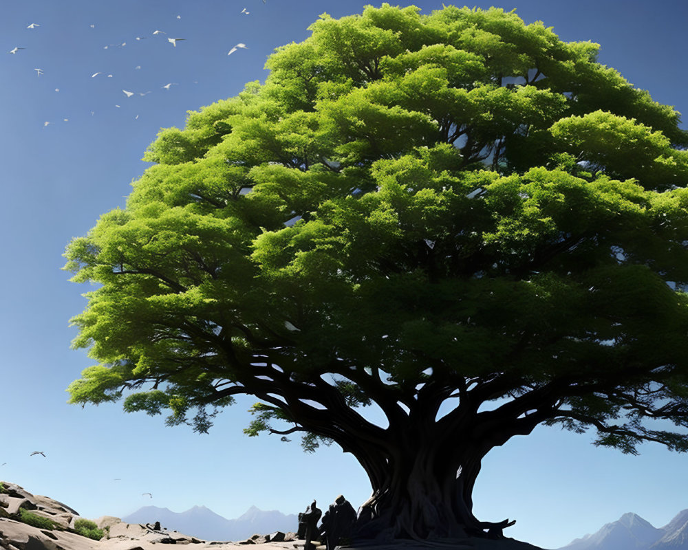 Majestic large tree with dense green foliage under clear blue sky