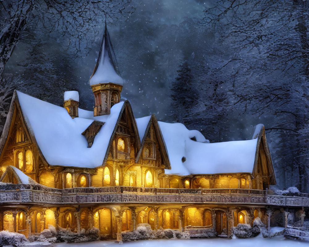 Victorian-style house in snowy forest under twilight sky