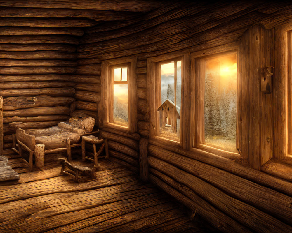 Rustic wooden cabin interior with sunlight, forest view, and cozy furniture