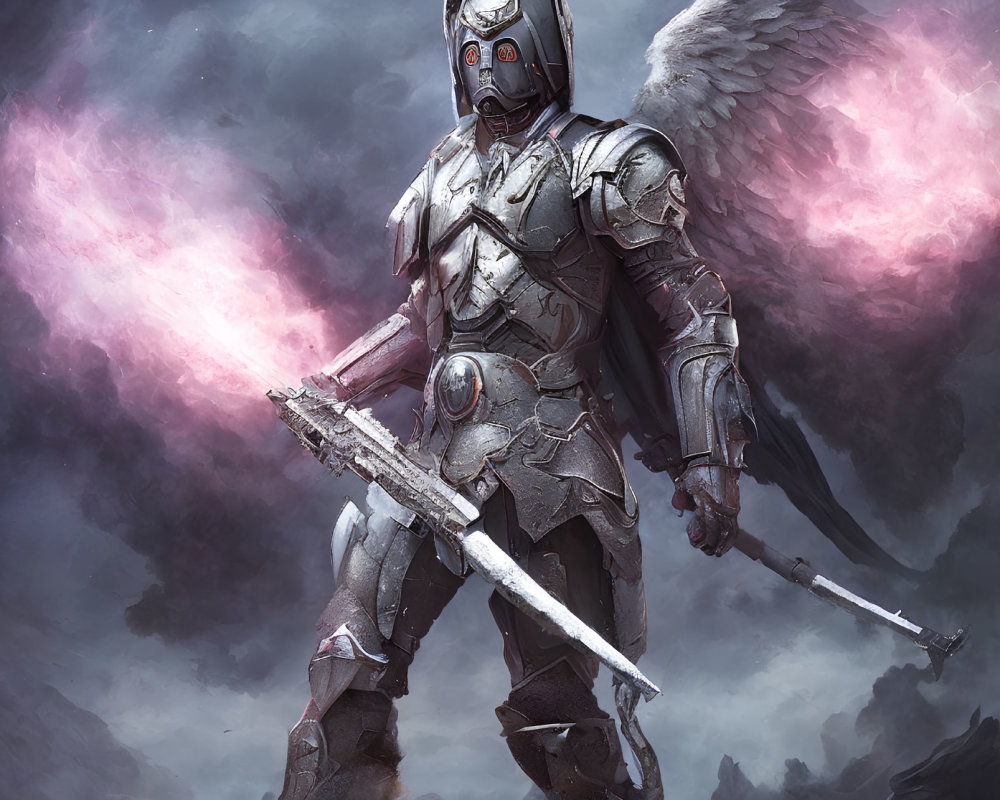 Fantasy armored warrior with glowing eyes and sword in stormy sky.