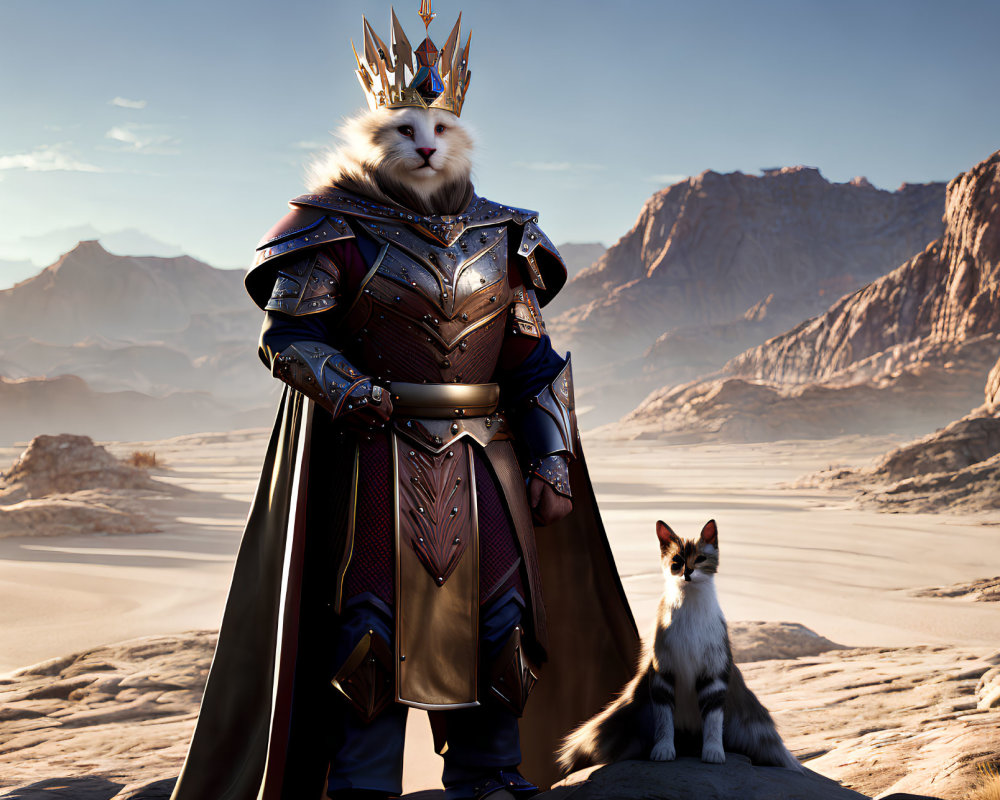 Regal anthropomorphic cat in armor with crown in desert landscape