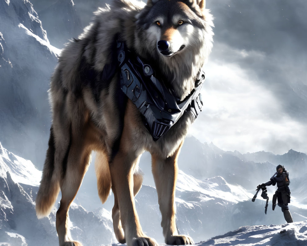 Gigantic armored wolf in snowy mountain landscape with armed figure