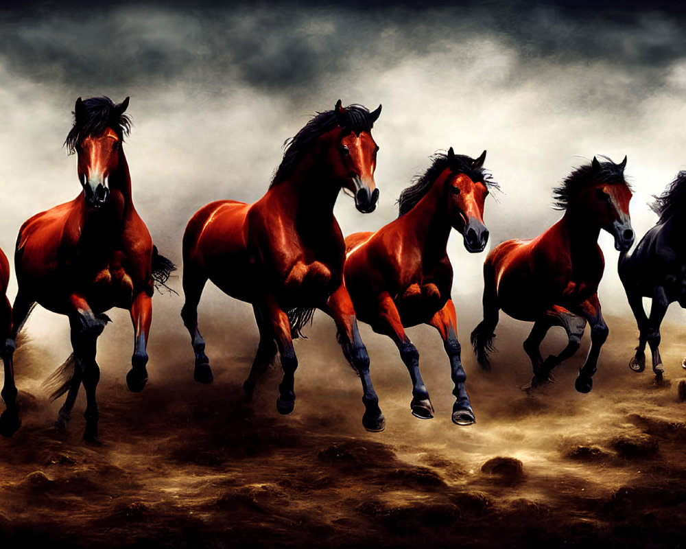 Magnificent horses galloping under dramatic dark sky