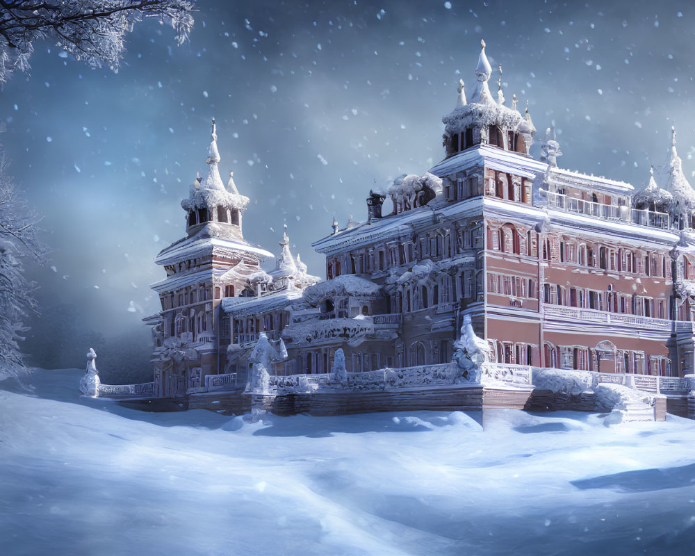 Snow-covered palace with ornate towers in serene winter wonderland