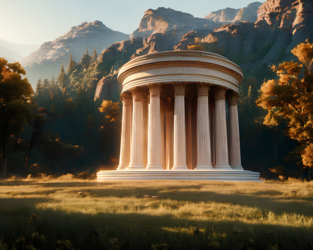 Circular Temple with Corinthian Columns in Forest Clearing at Sunrise