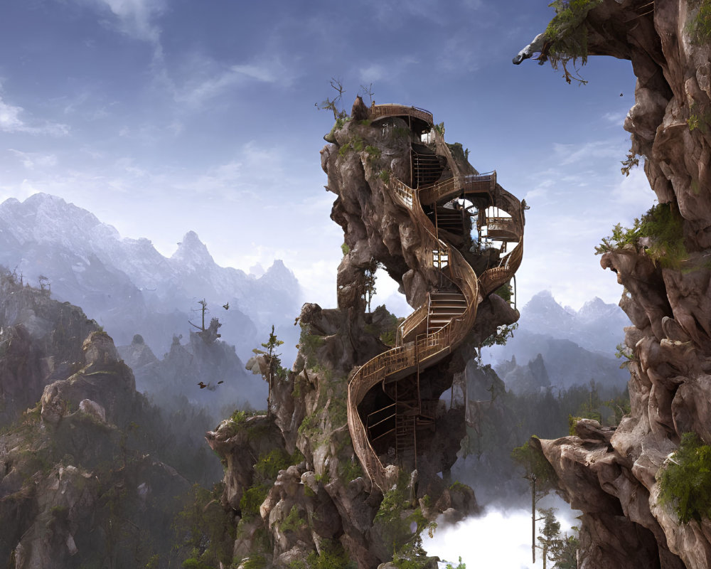 Fantasy mountain landscape with spiral staircase, floating rock, wooden platforms, clouds.