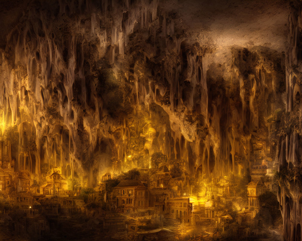 Ethereal underground city with golden light and intricate buildings