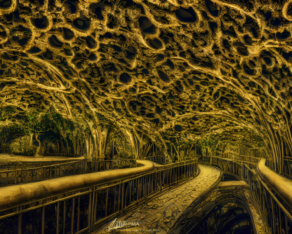 Surreal golden pathway with organic structures in a fantastical scene