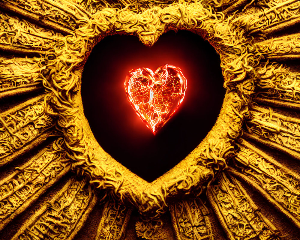 Red heart in golden heart-shaped frame on textured background