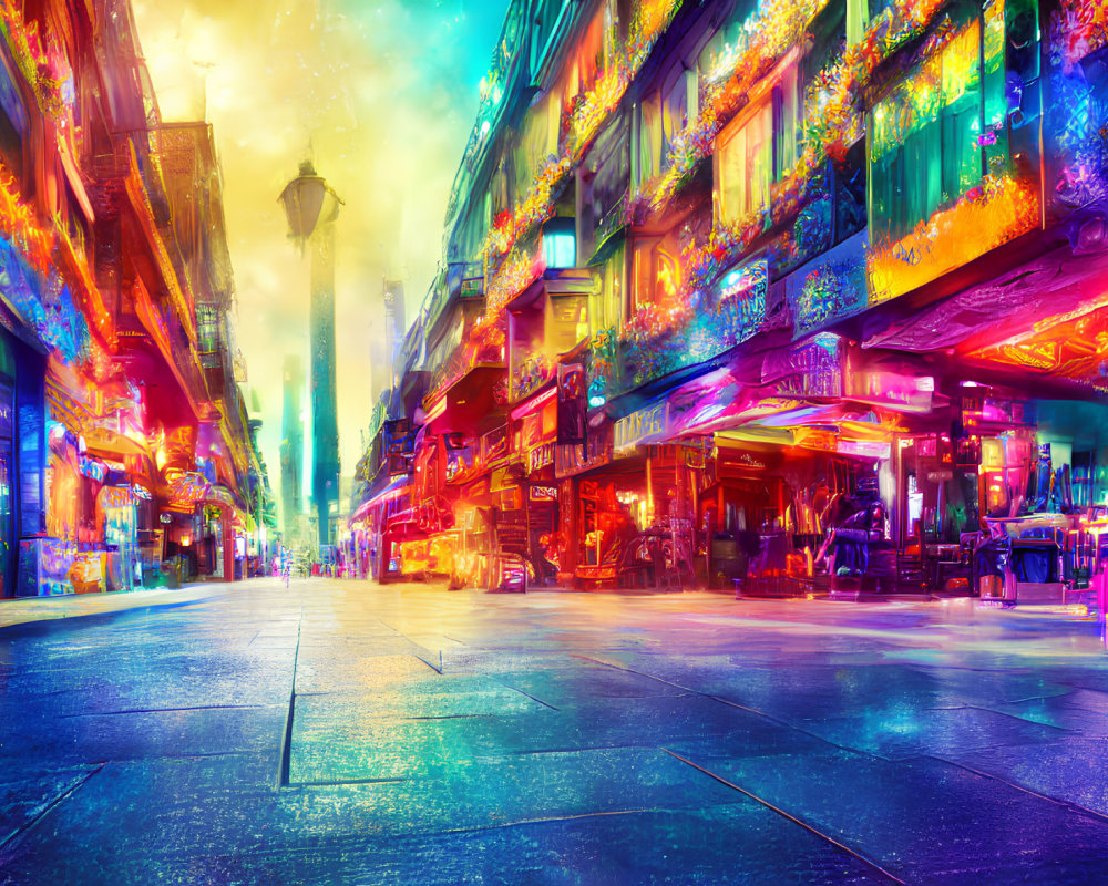 Vibrant street scene with neon lights and futuristic shops