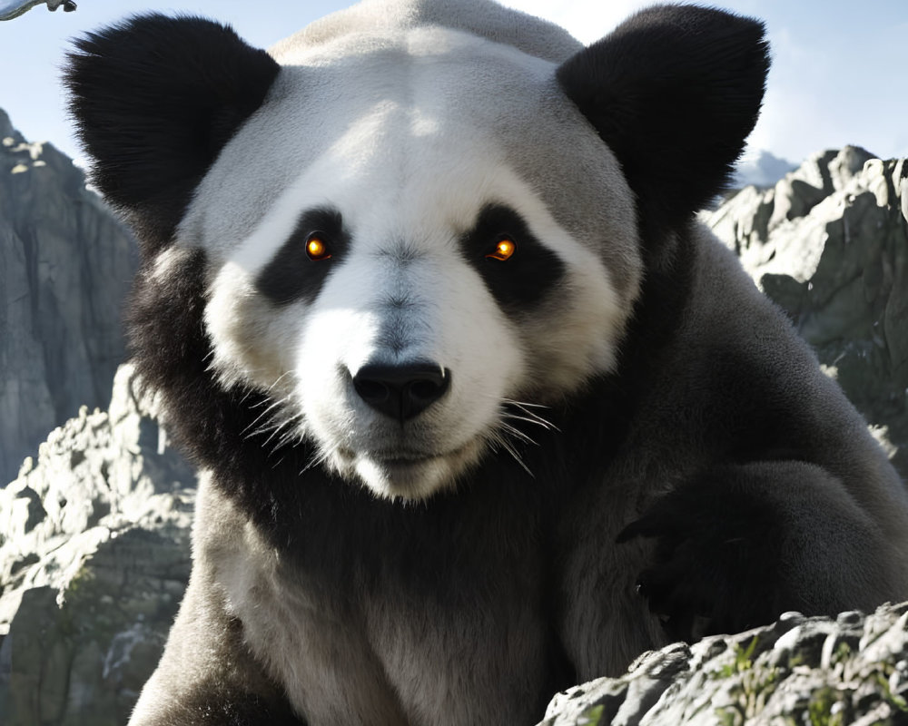 Close-up of panda with glowing orange eyes against mountain backdrop