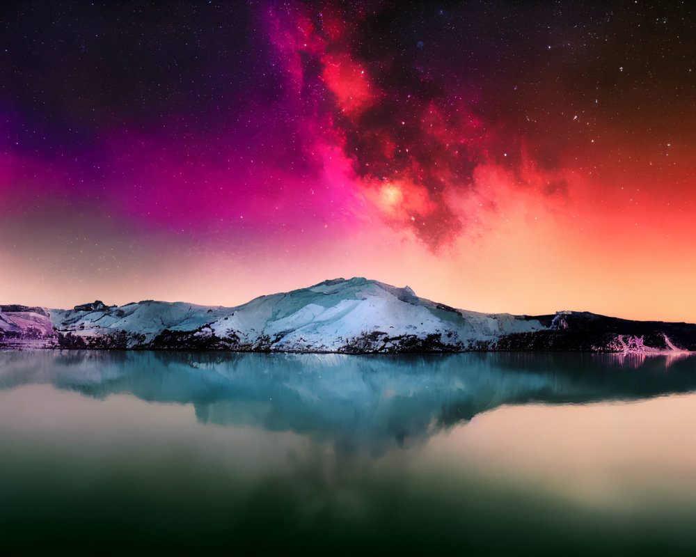 Snowy mountain reflected in calm lake under pink and purple starry sky