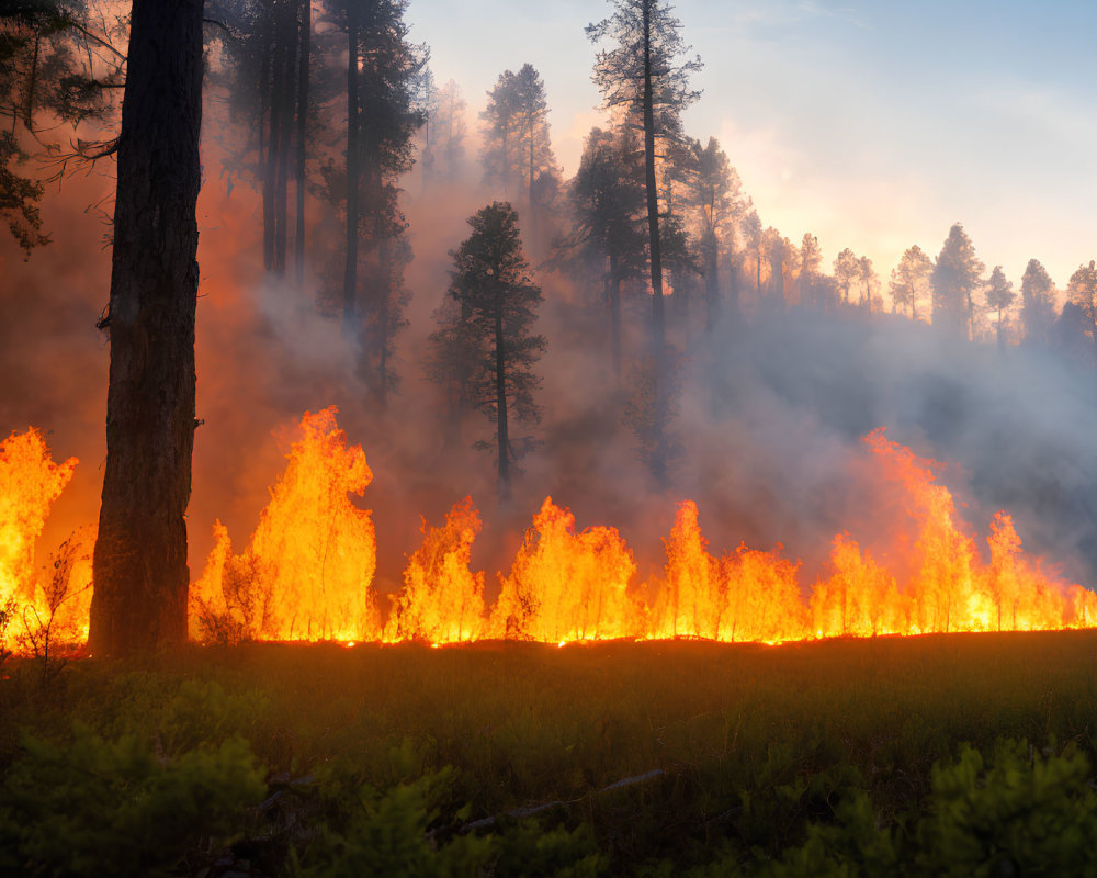 Forest wildfire: Flames engulf underbrush, smoke rises among silhouetted trees