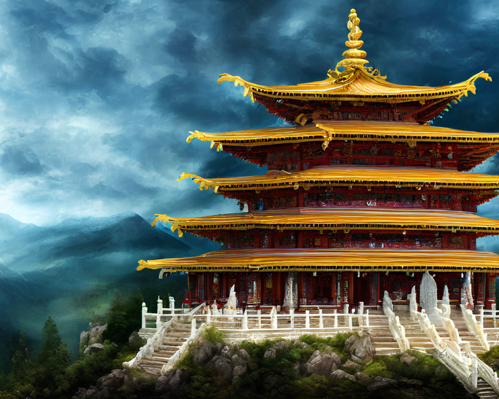 Red and Gold Pagoda on Mountain Top under Dramatic Cloudy Sky