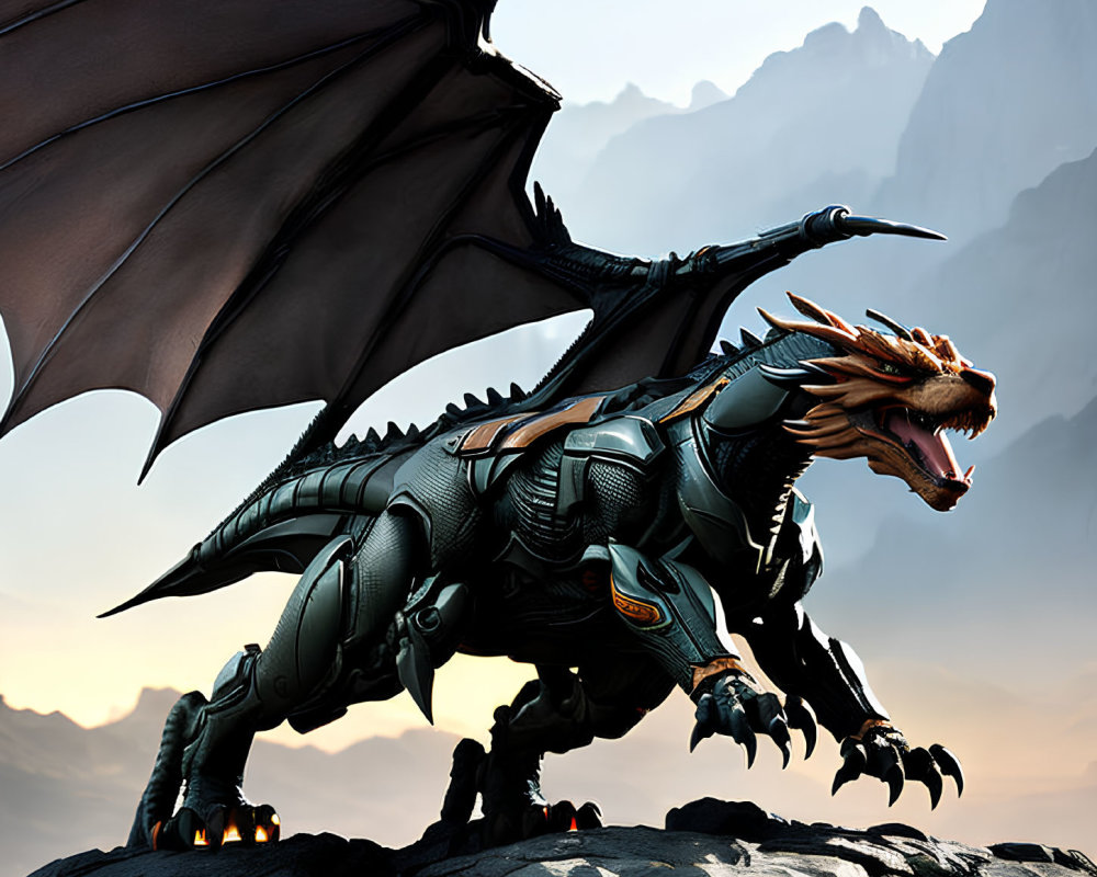 Black dragon with orange underlighting perched on rocky outcrop against misty mountains