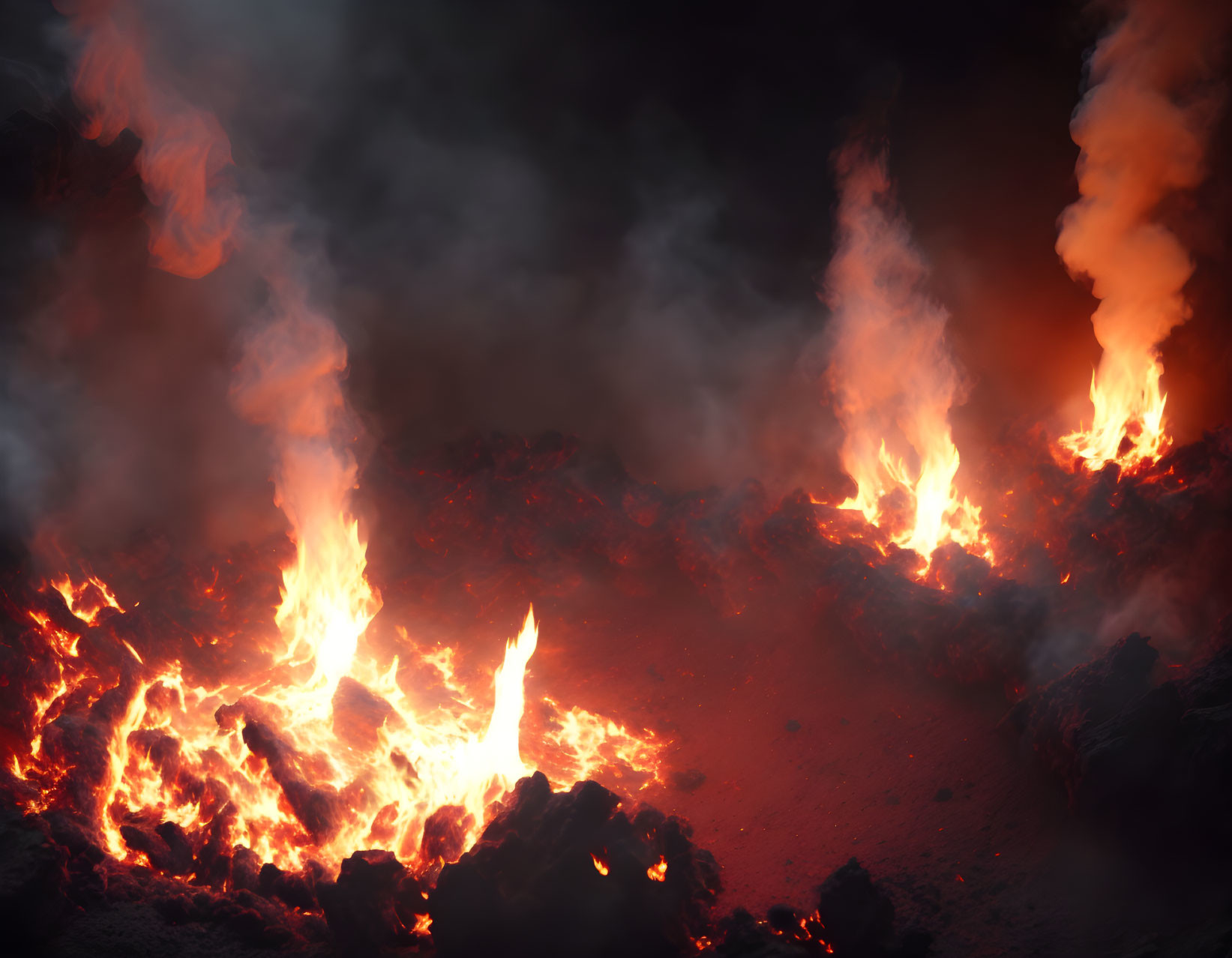 Intense volcanic activity: Glowing lava flows and rising smoke