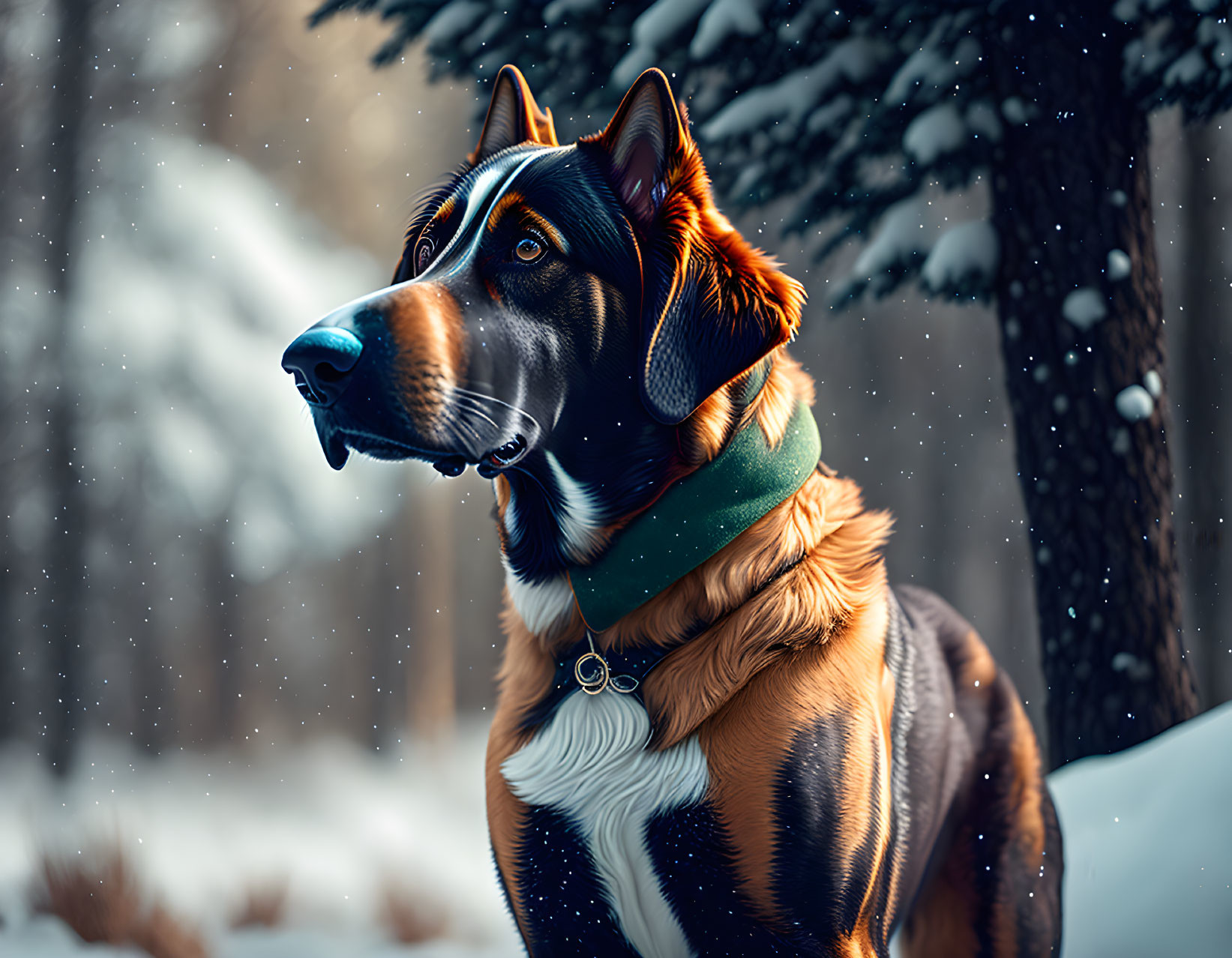 Glossy-coated dog in green collar gazes in snowy forest