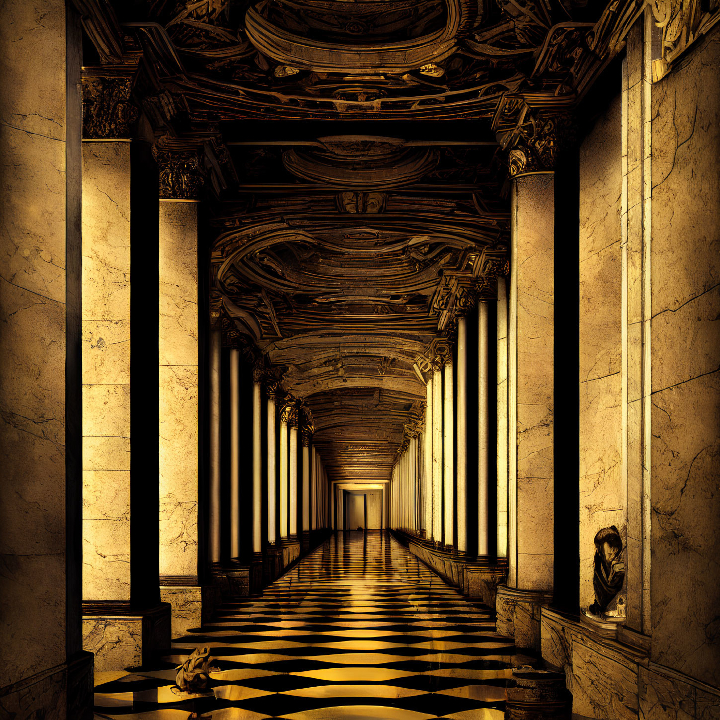 Opulent corridor with marble columns, chequered floor, ornate ceiling artwork