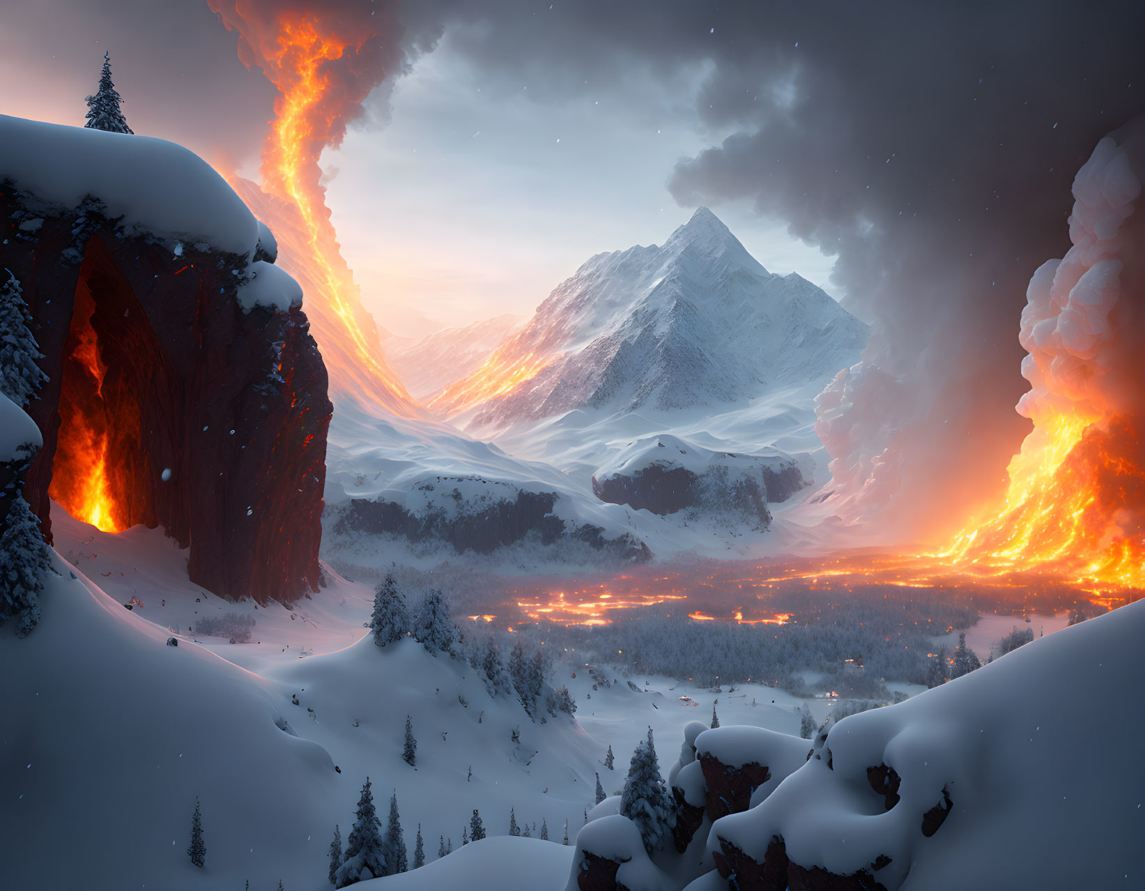 Snowy mountains with erupting volcanoes and flowing lava in dramatic winter landscape