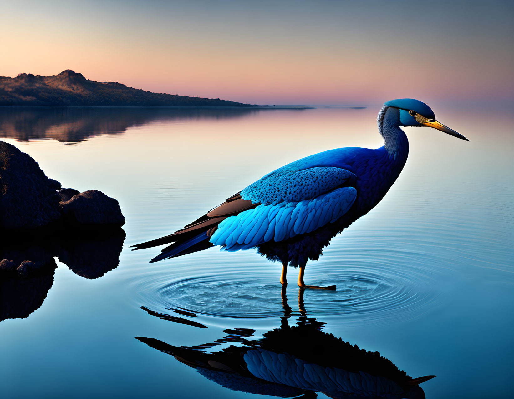 Blue Bird at Sunrise with Reflection in Calm Water and Silhouetted Hills