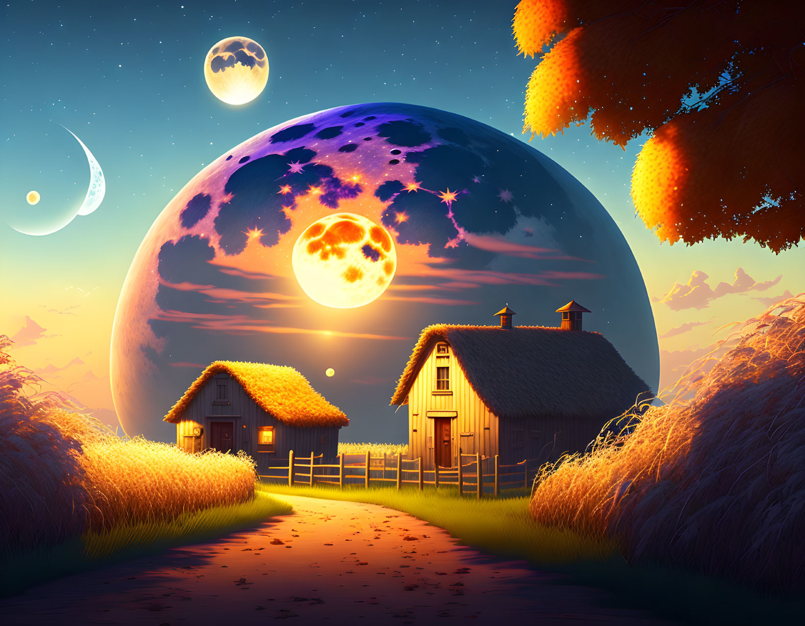 Fantasy landscape at dusk with oversized moons, cozy cottage, and lit pathway