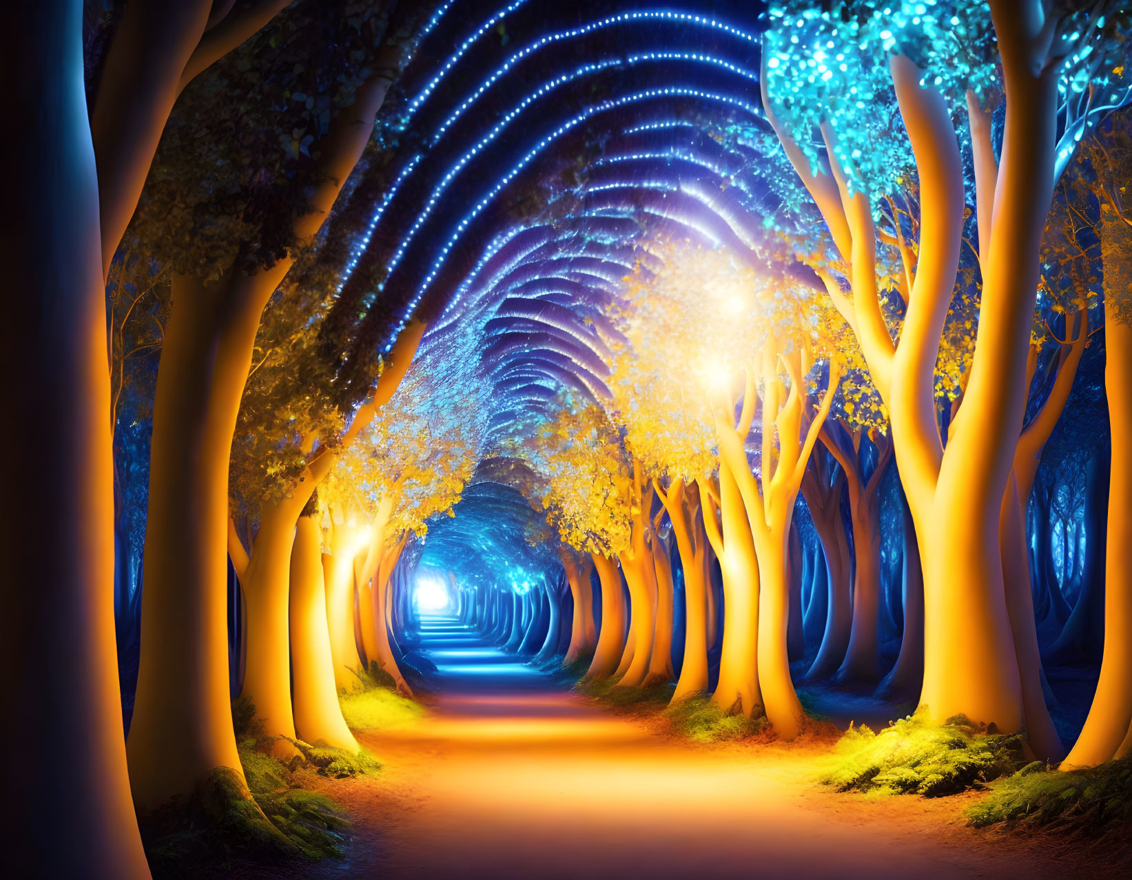 Enchanted pathway under illuminated tree archway