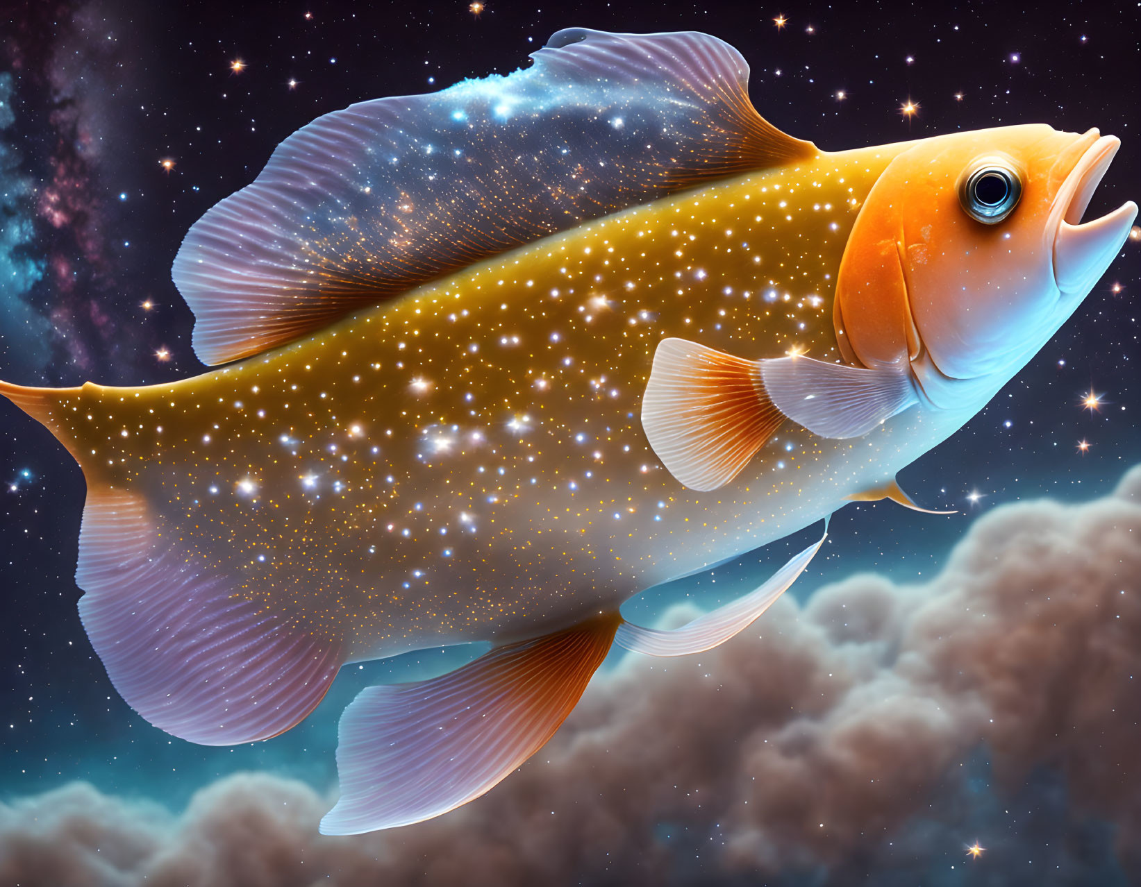 Colorful Fish Artwork with Cosmic Starry Background in Orange and Blue