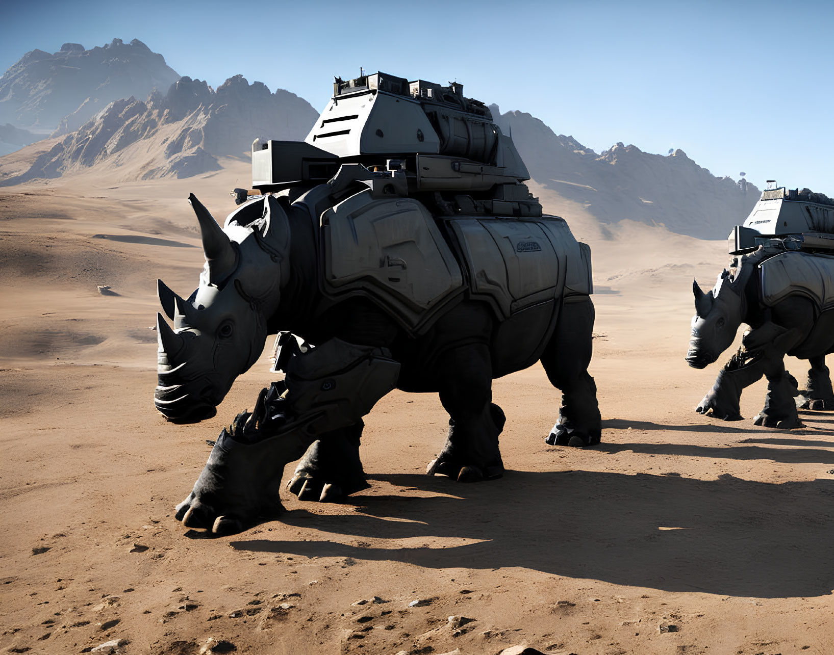 Armored rhino-like robots in desert landscape with mountains - sci-fi military patrol