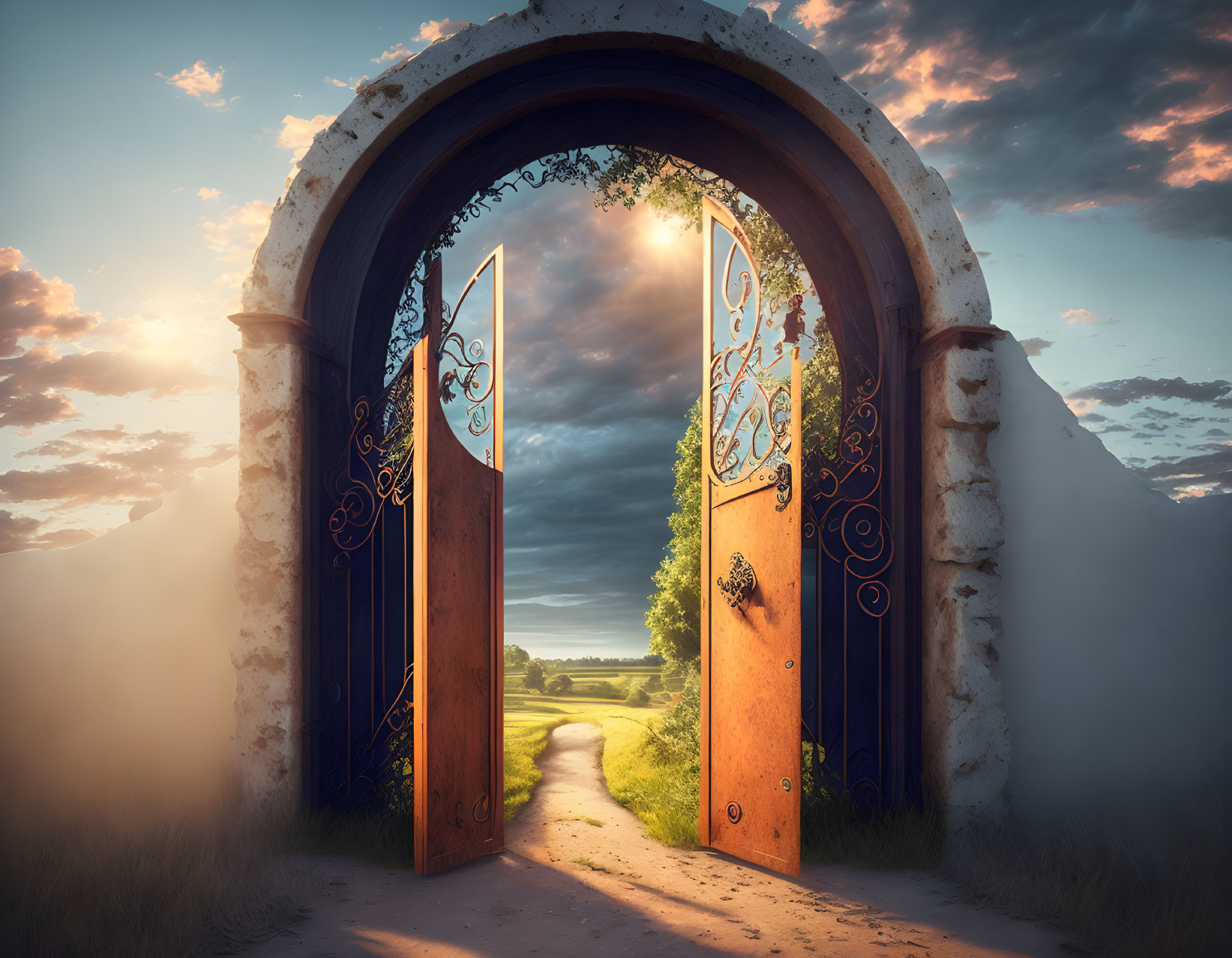 Ornate Doors in Stone Archway Leading to Serene Country Path