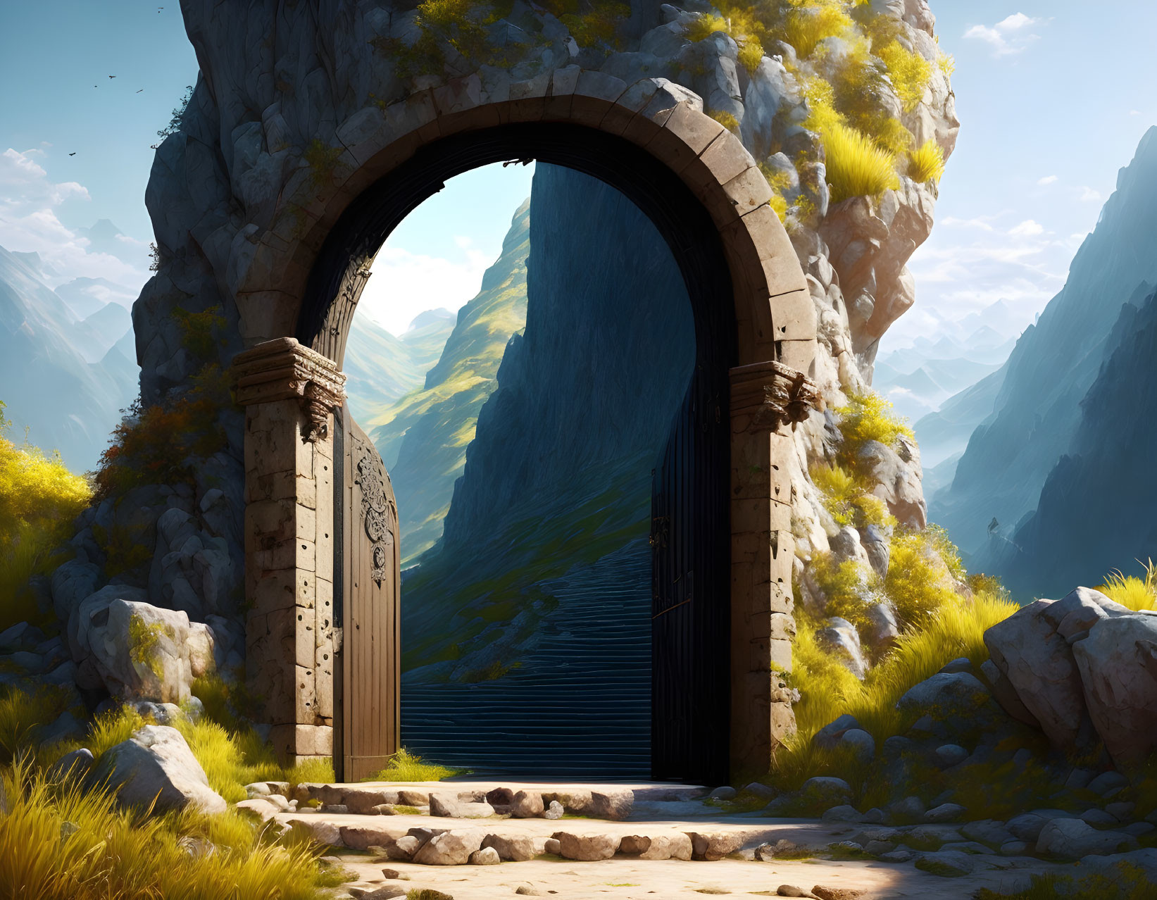 Stone Archway with Open Gates Overlooking Green Valley and Mountains