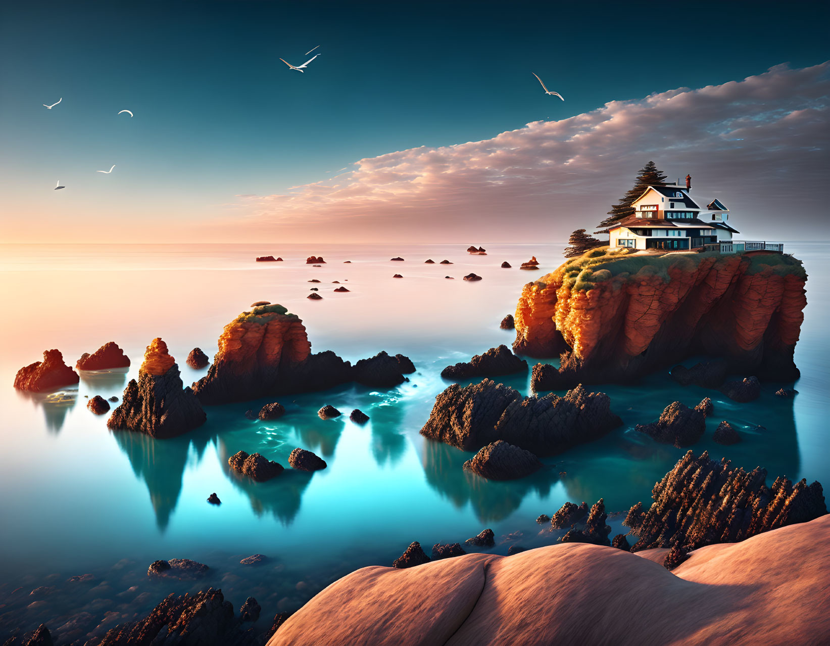 Seascape with cliff-top house, rocky islets, calm waters, and sunset sky