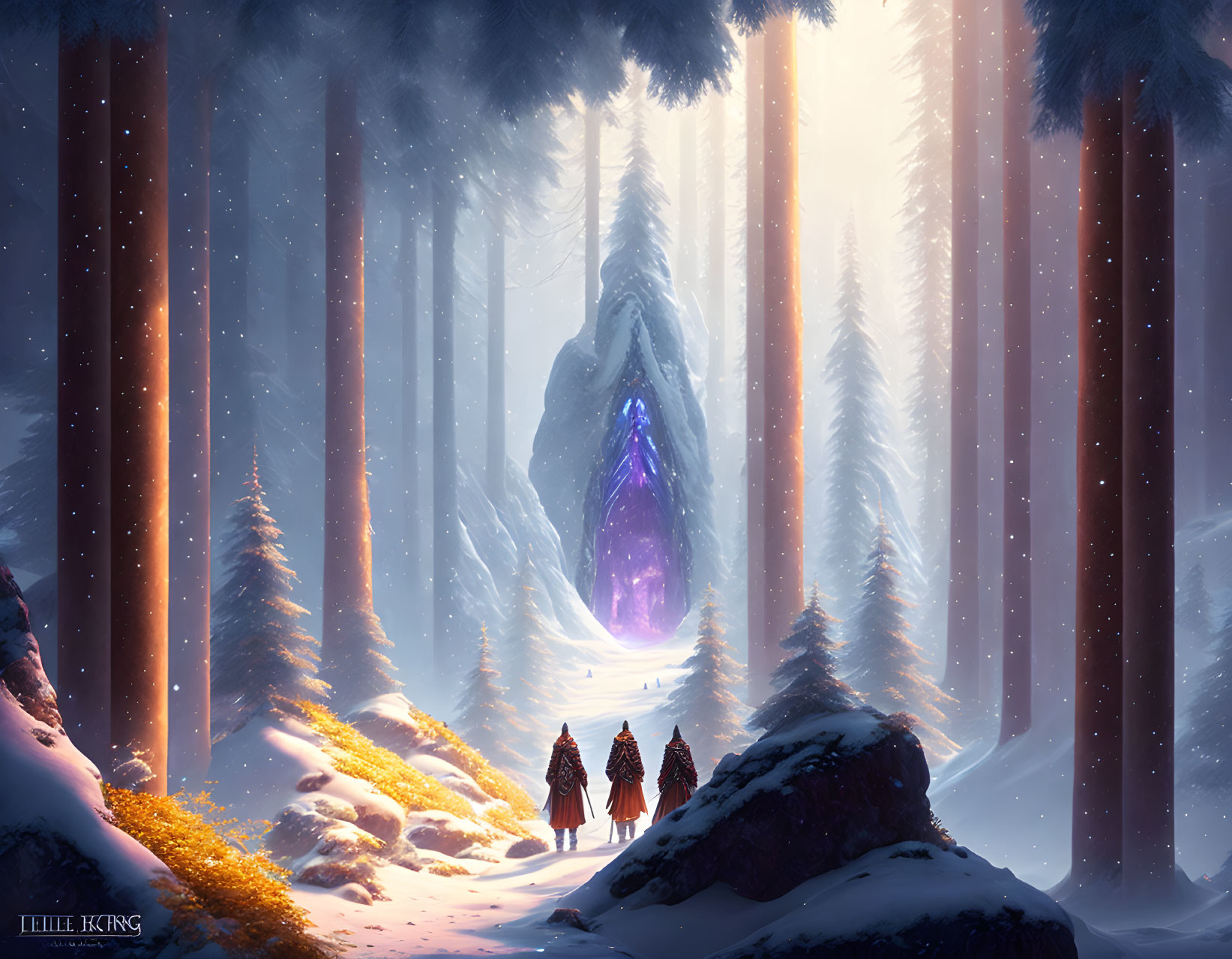 Figures near glowing cave in snowy forest