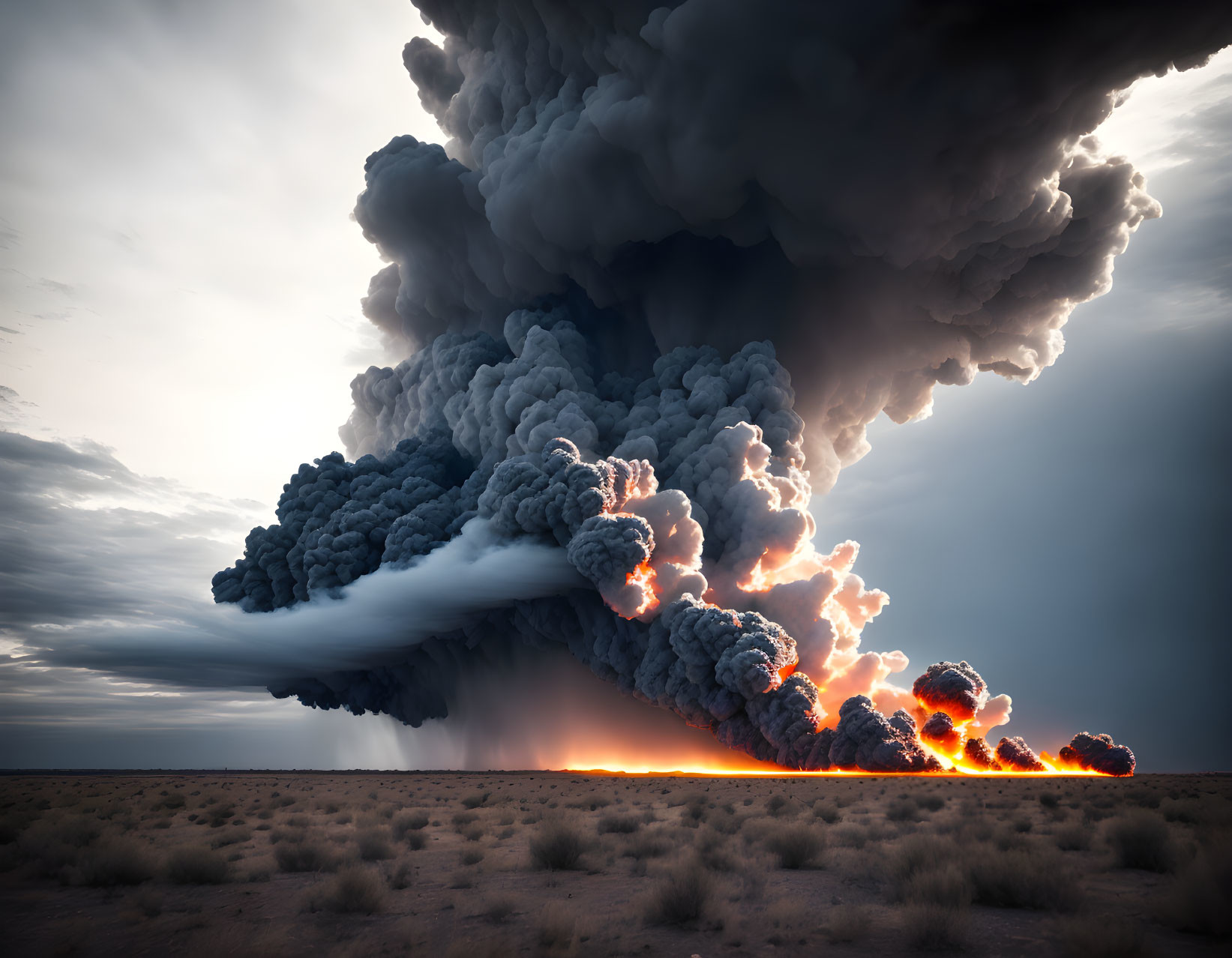 Dramatic smoke and fire cloud over barren landscape