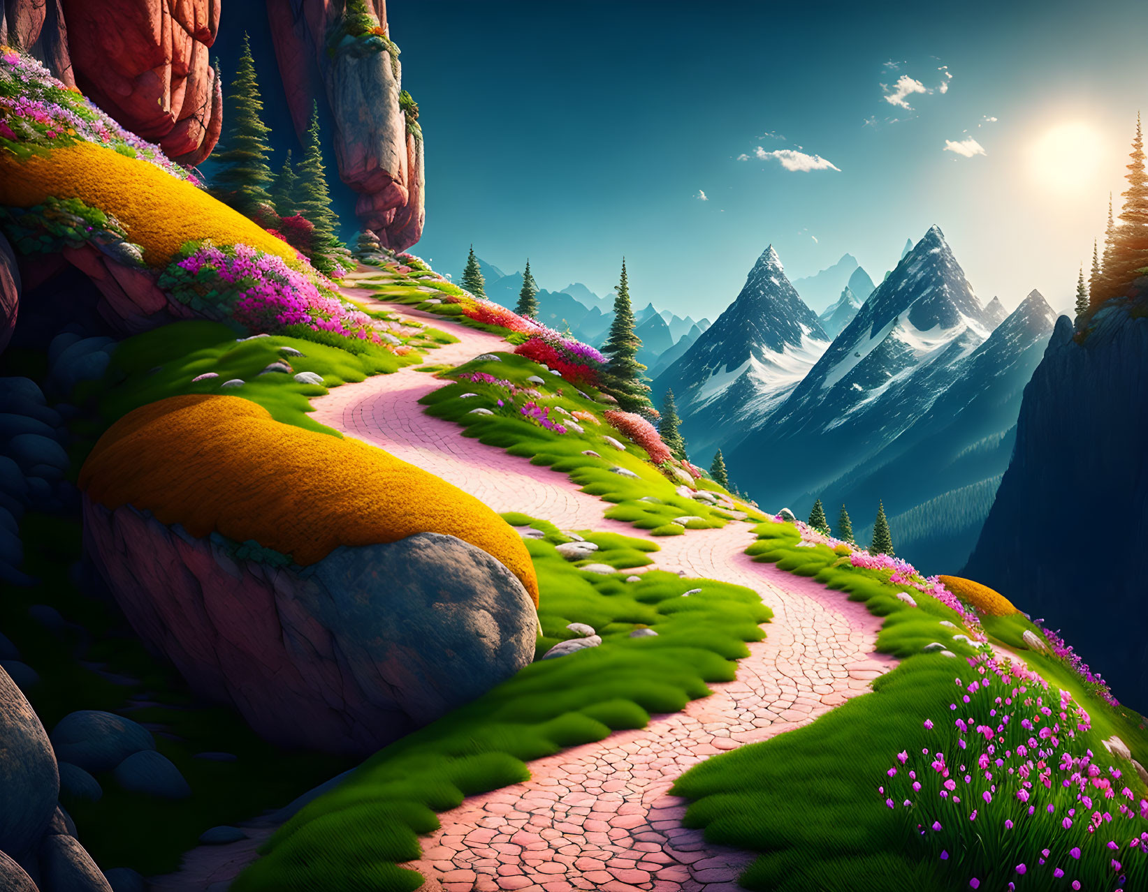 Colorful fantasy landscape with pink cobblestone path, vibrant flora, snow-capped mountains, and