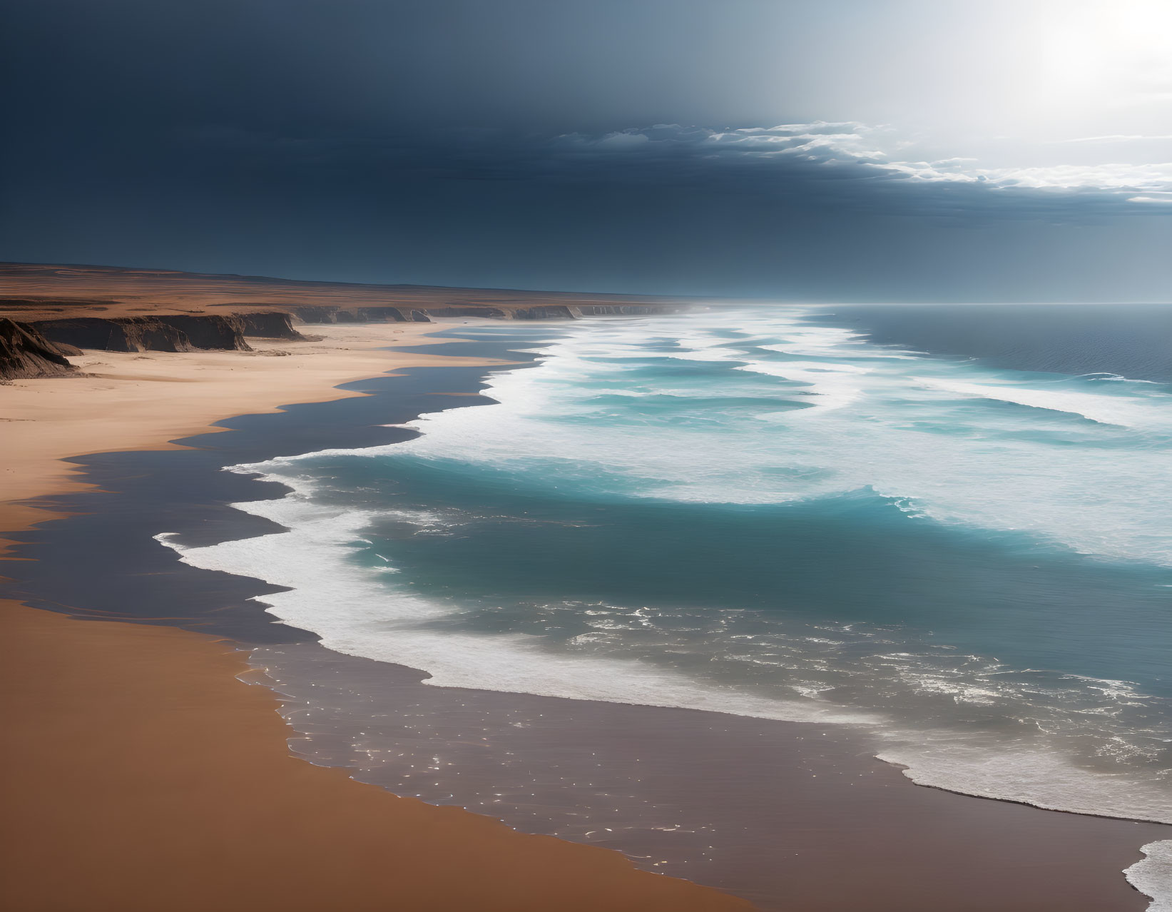 Dramatic Coastal Landscape with Sunlight Breaking Through Dark Clouds