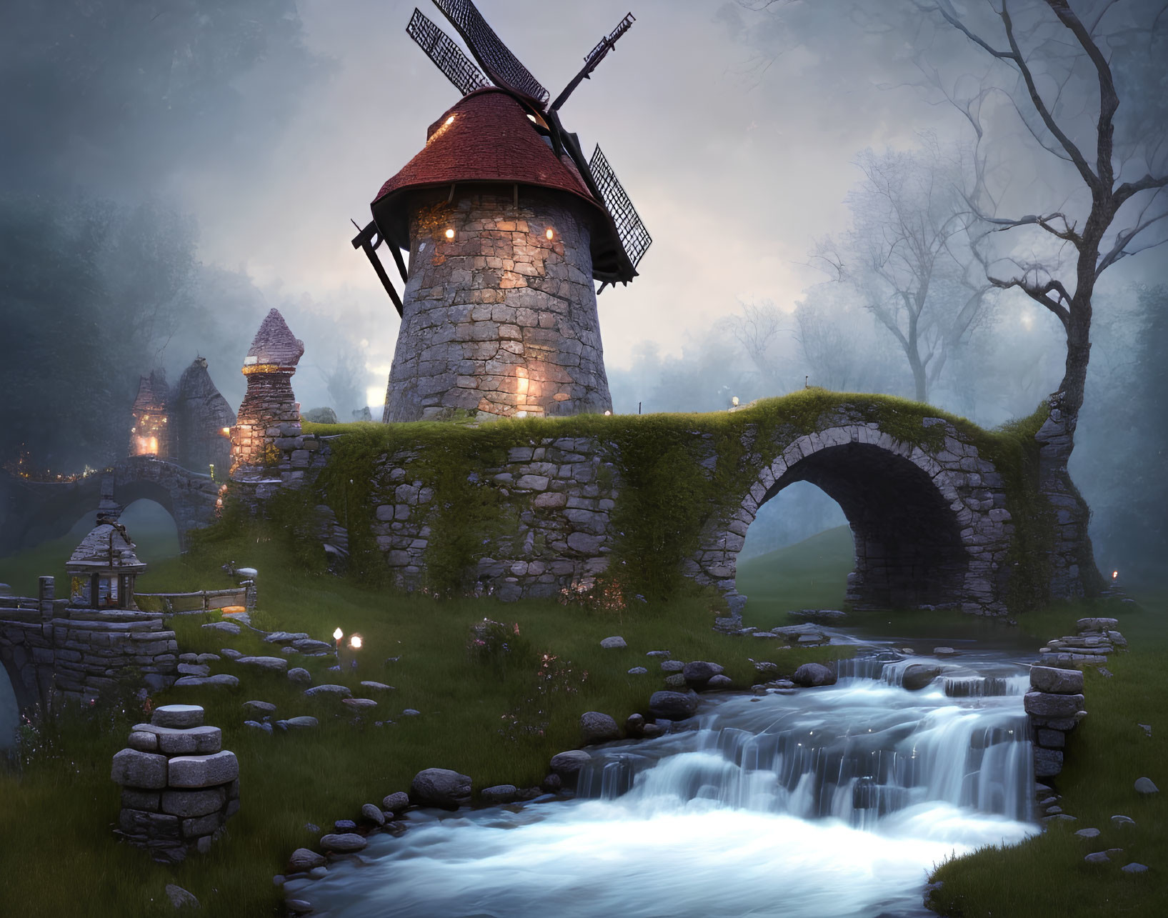 Stone windmill on grassy bridge over twilight waterfall landscape