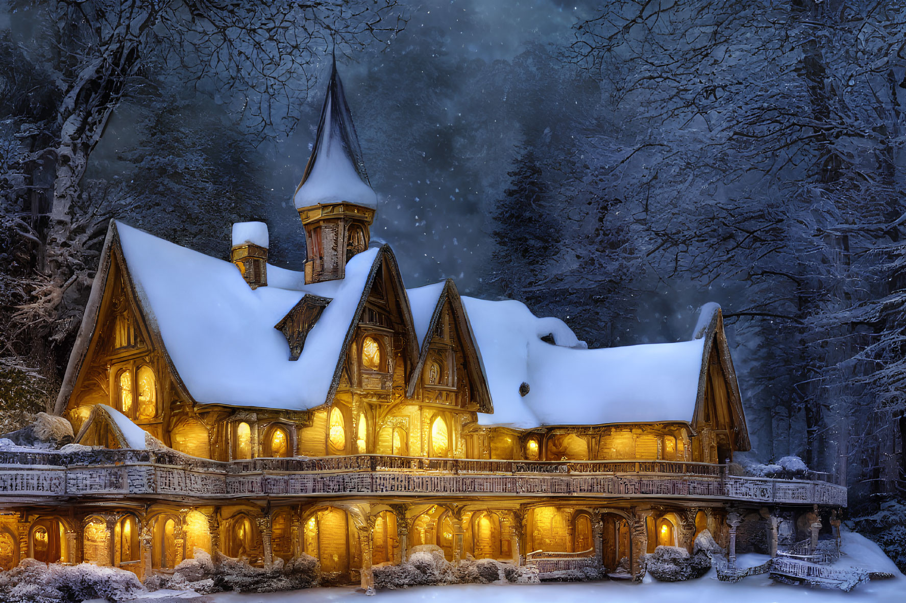 Victorian-style house in snowy forest under twilight sky