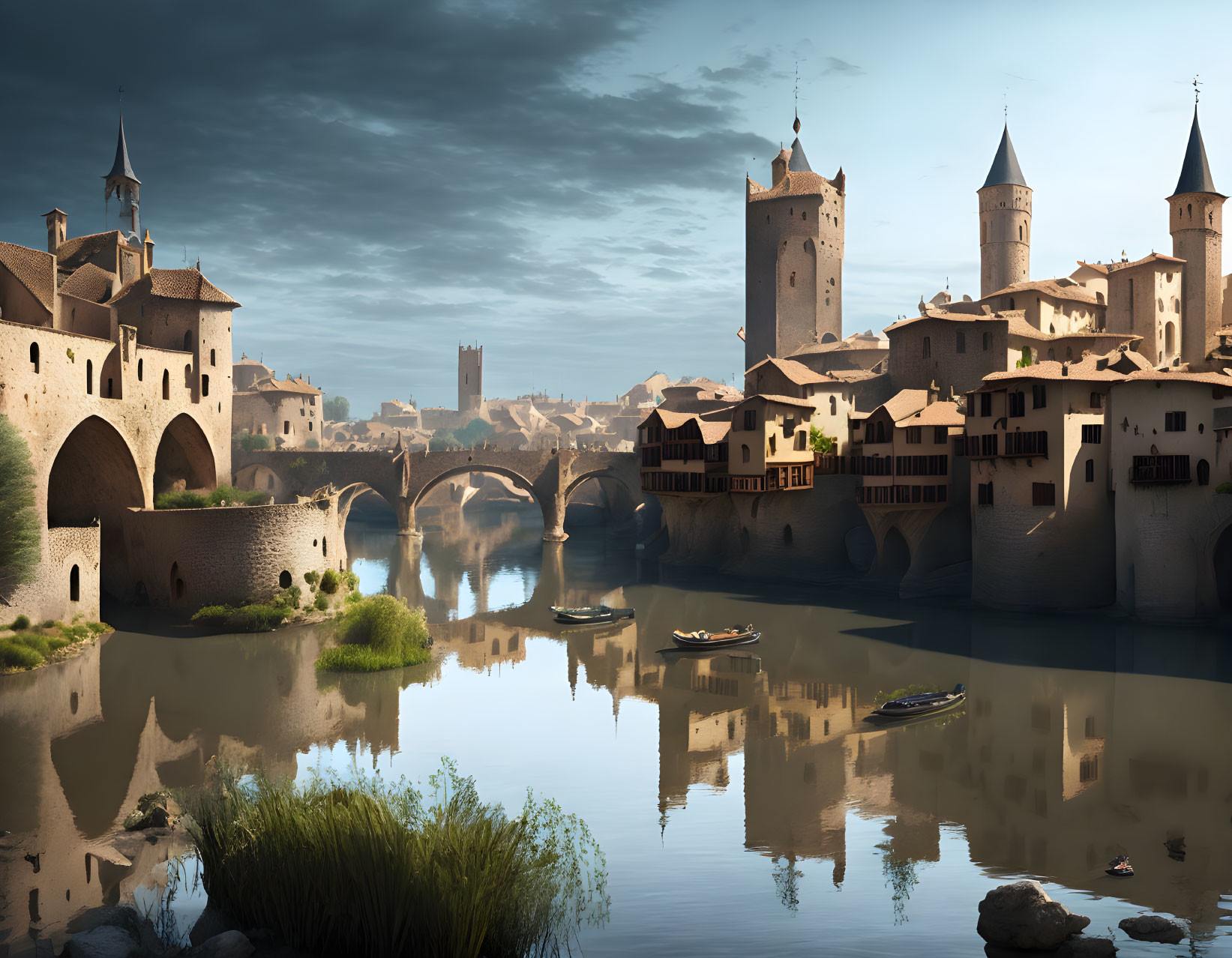 Medieval village with stone towers and arched bridges by calm river