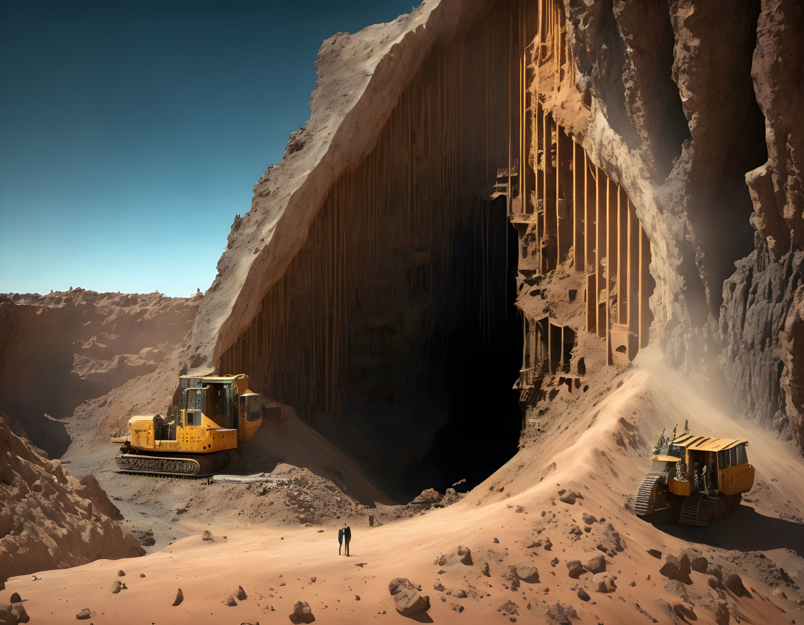 Bulldozer near cavernous entrance in cliff with pillars