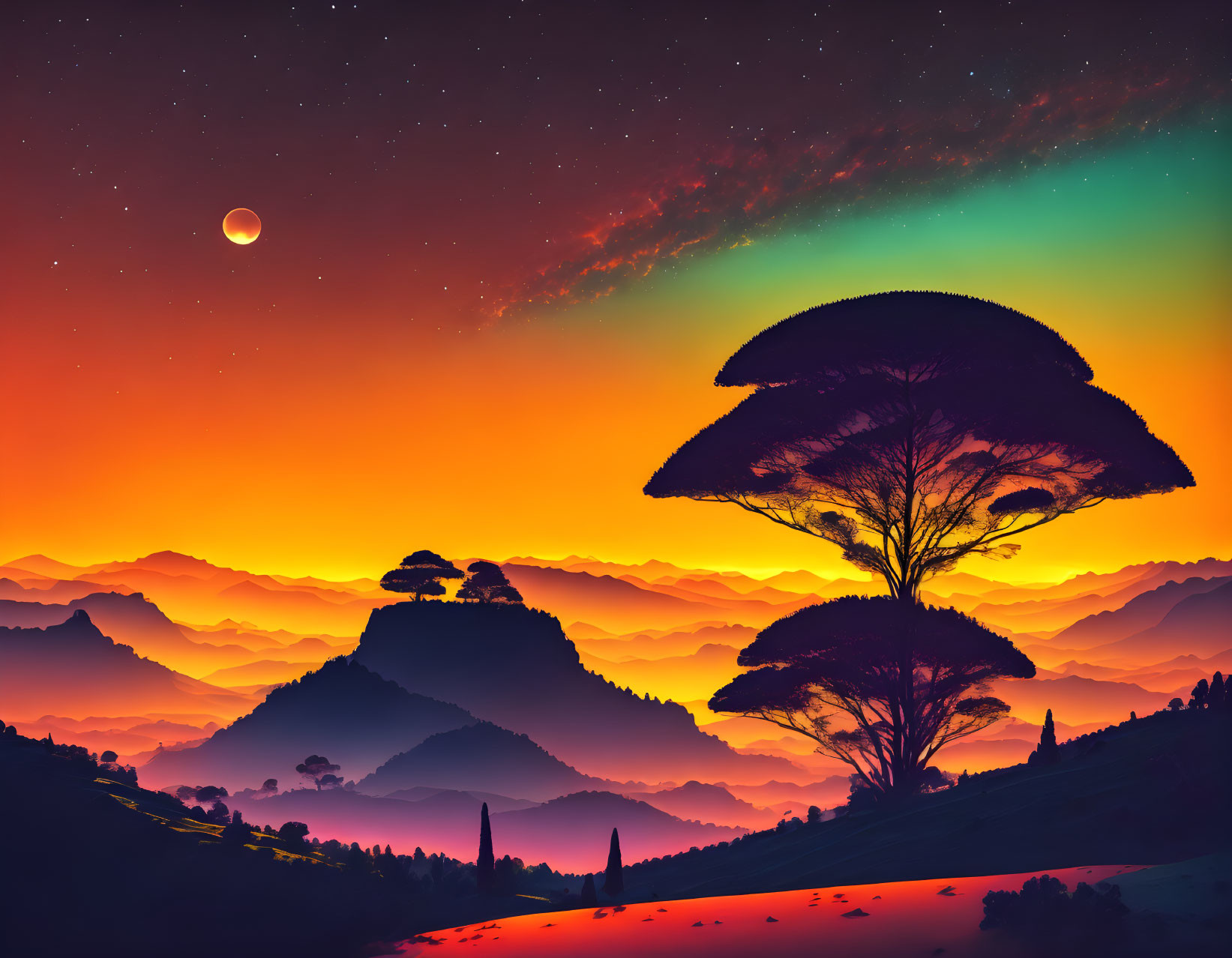 Digital artwork: Silhouette of trees & mountains under sunset sky with stars and crescent moon