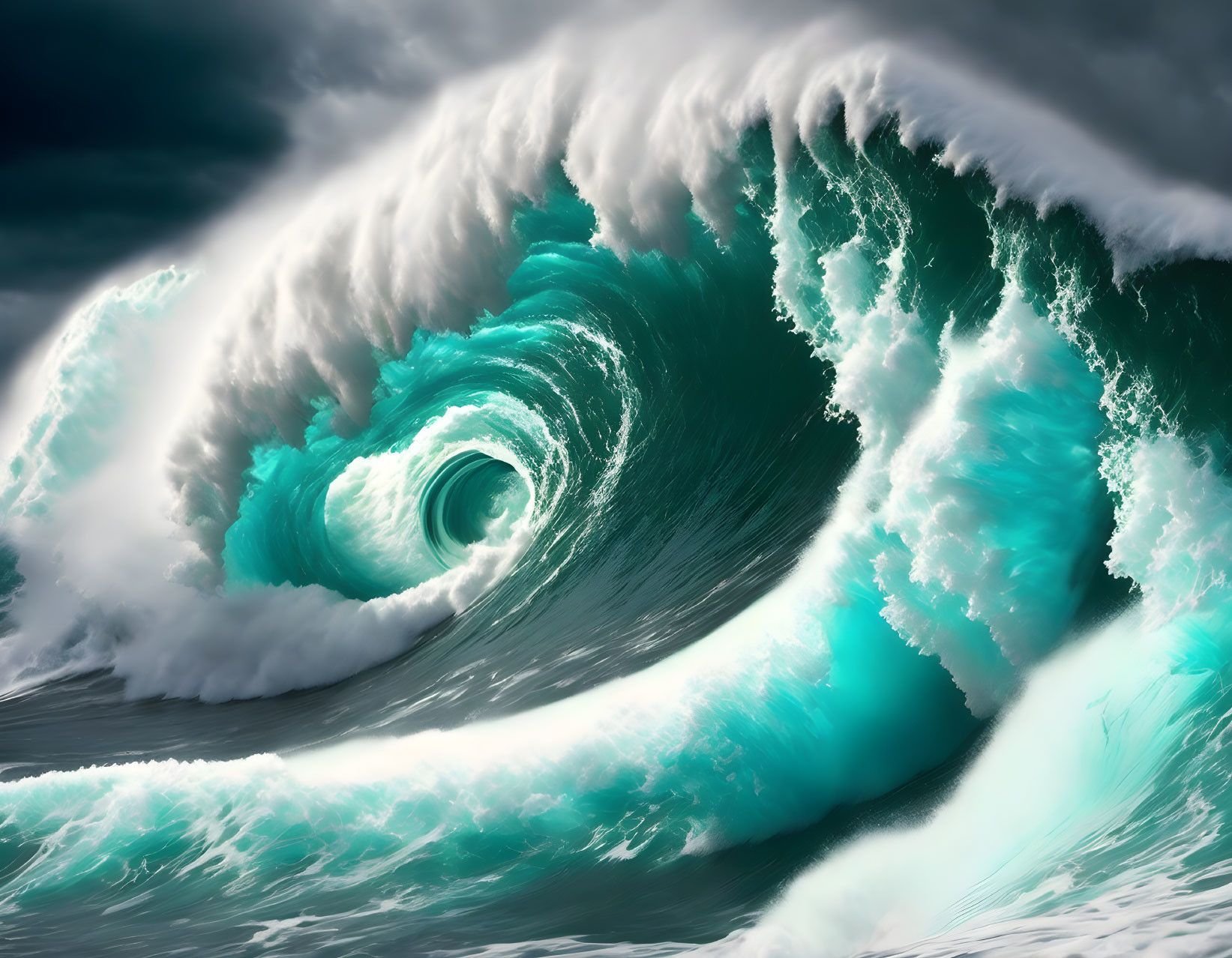 Turquoise Wave with Foam Cresting in Dramatic Ocean Scene