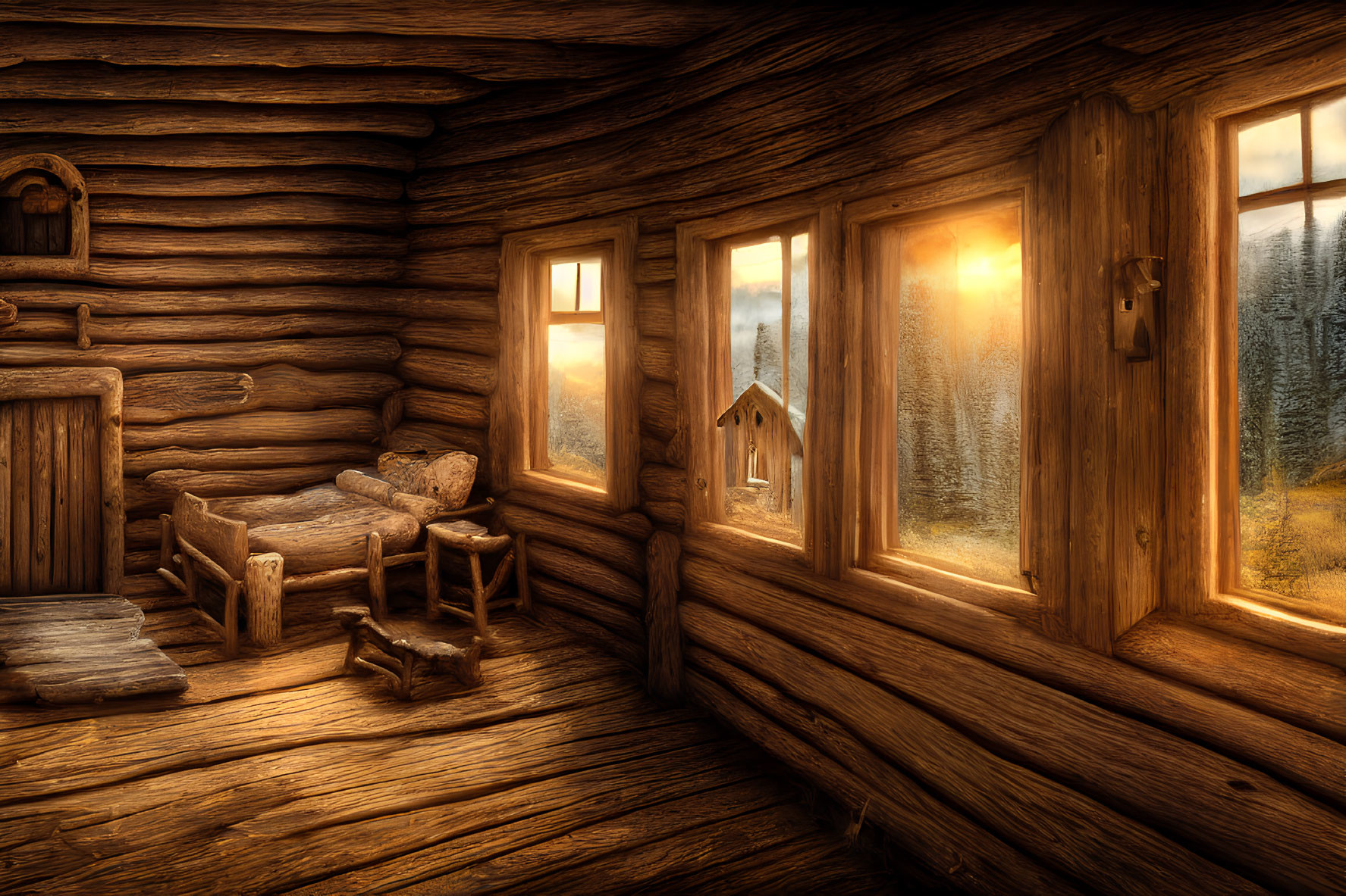 Rustic wooden cabin interior with sunlight, forest view, and cozy furniture