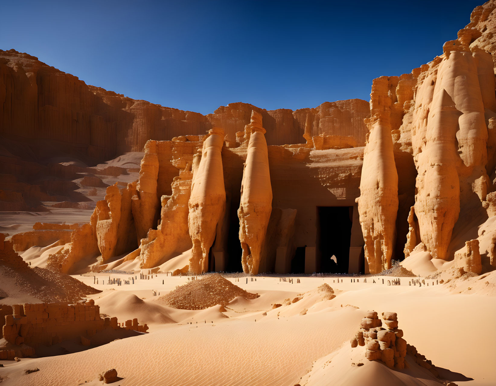 Ancient doorway carved in sandstone cliffs under clear desert sky