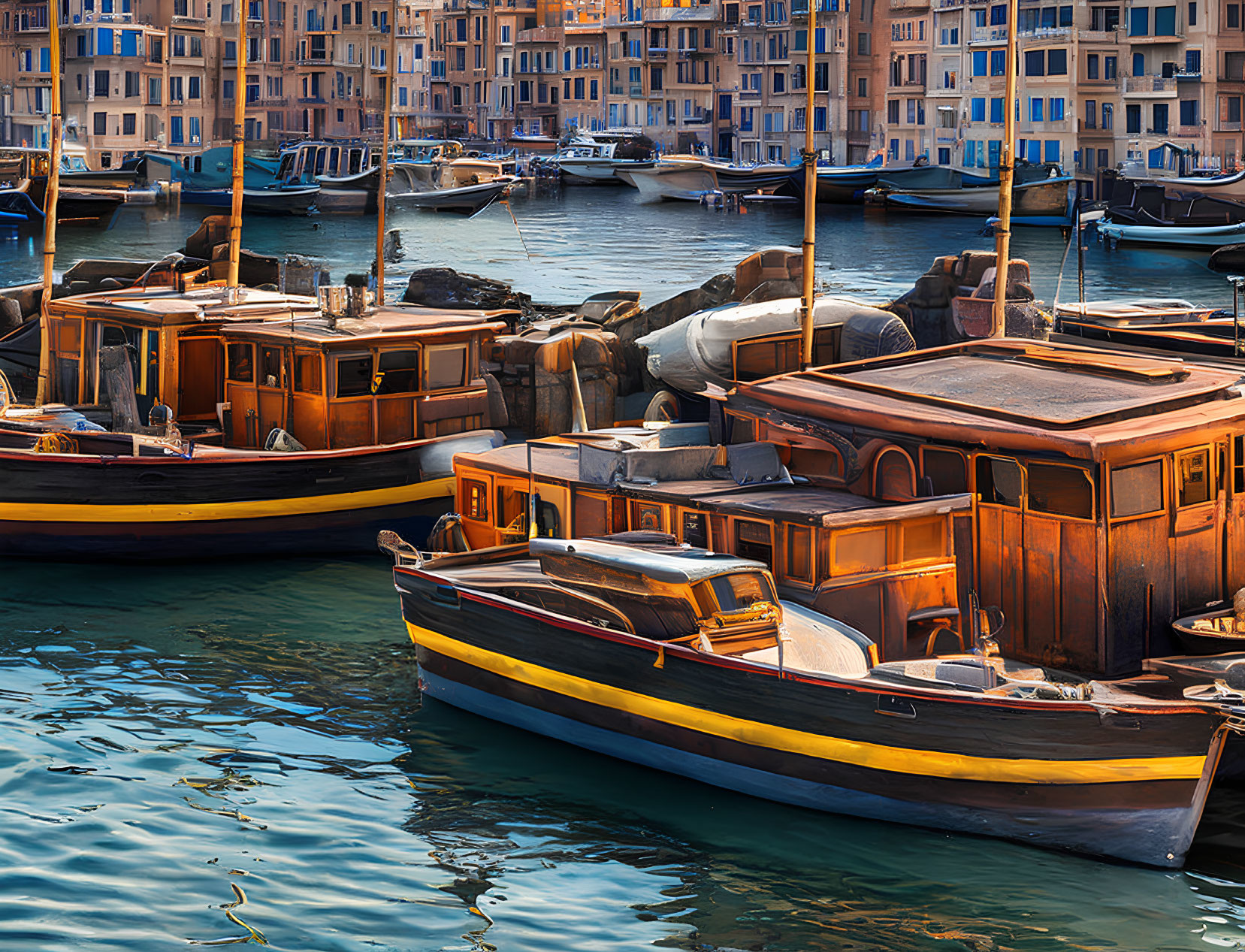 Wooden boats on calm water near European-style buildings at golden hour