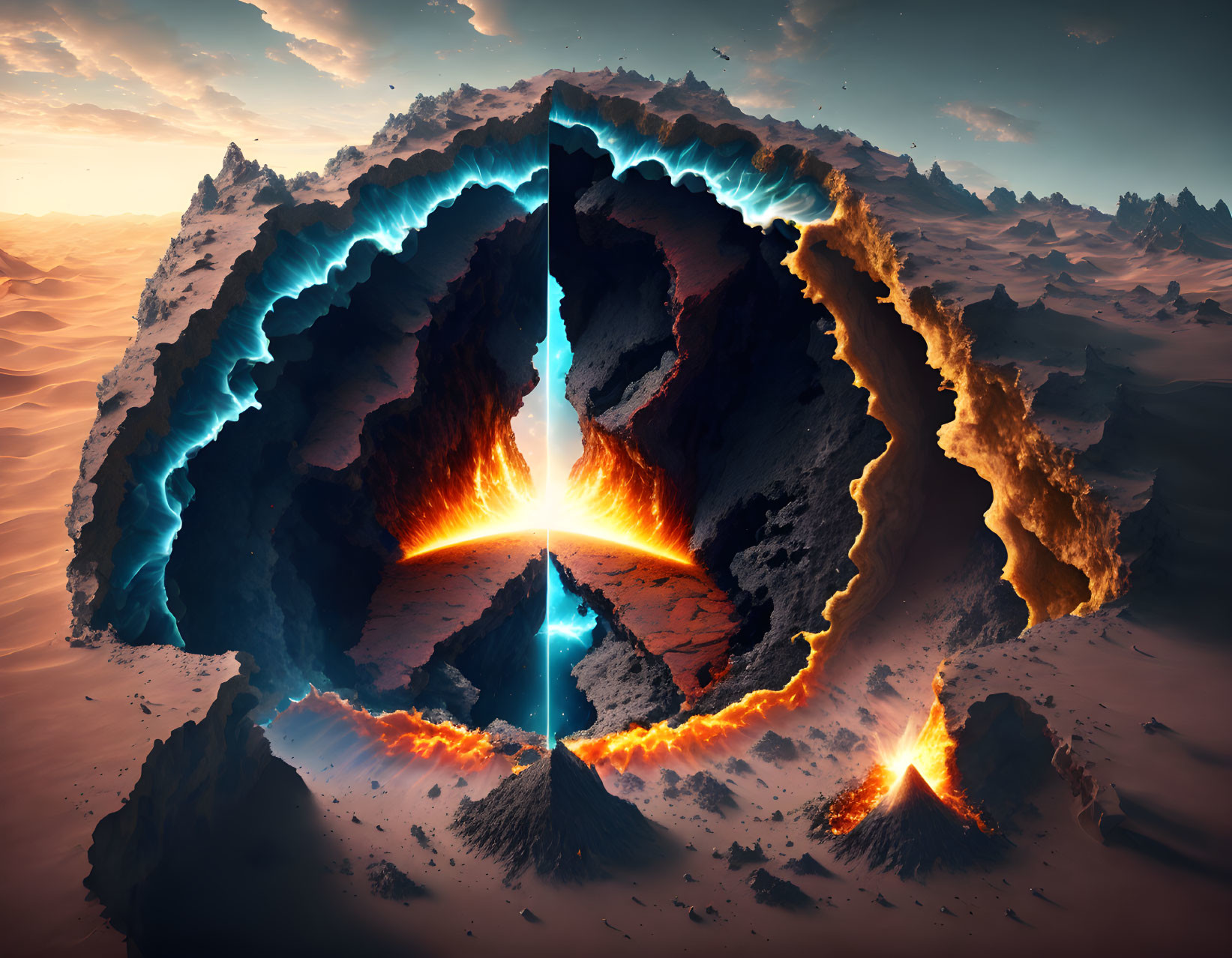 Split mountain with fiery core in surreal landscape