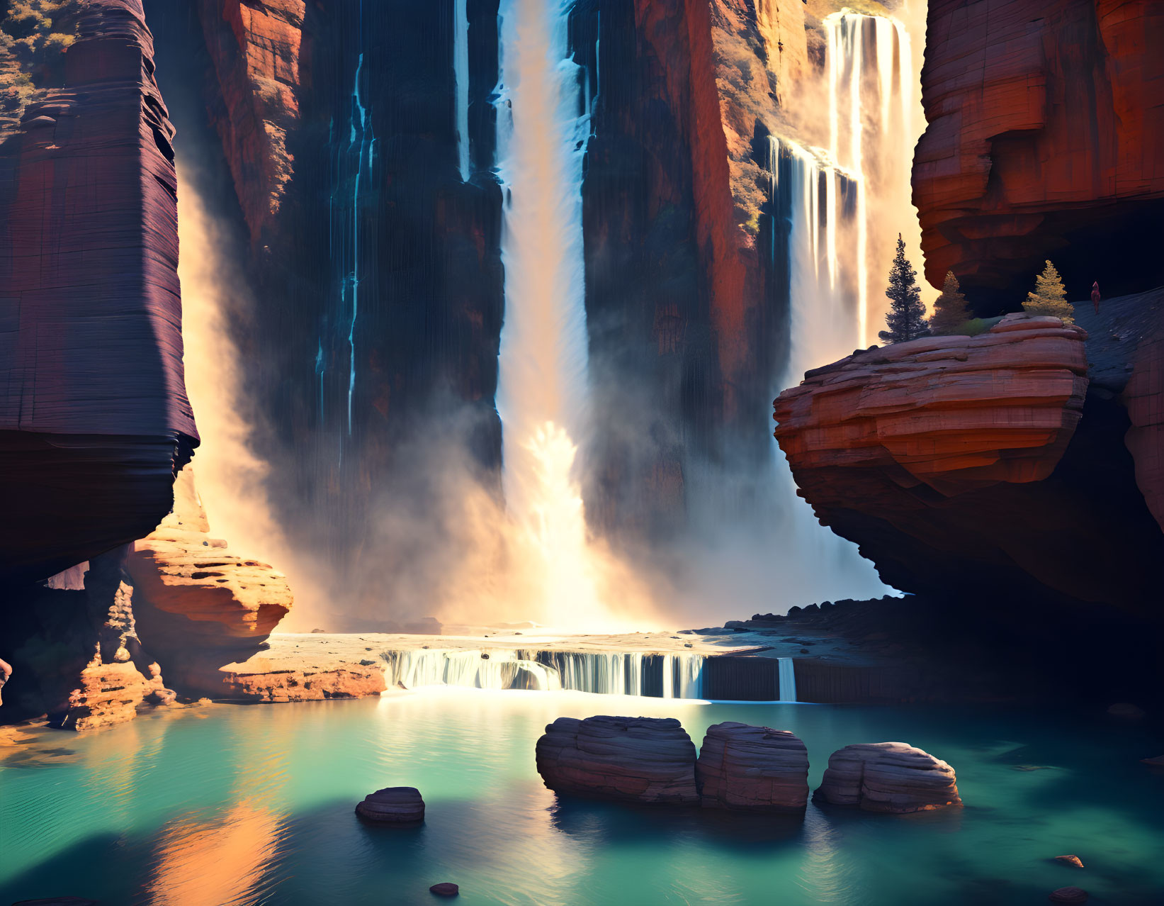 Tranquil landscape with cascading waterfalls and red rock cliffs