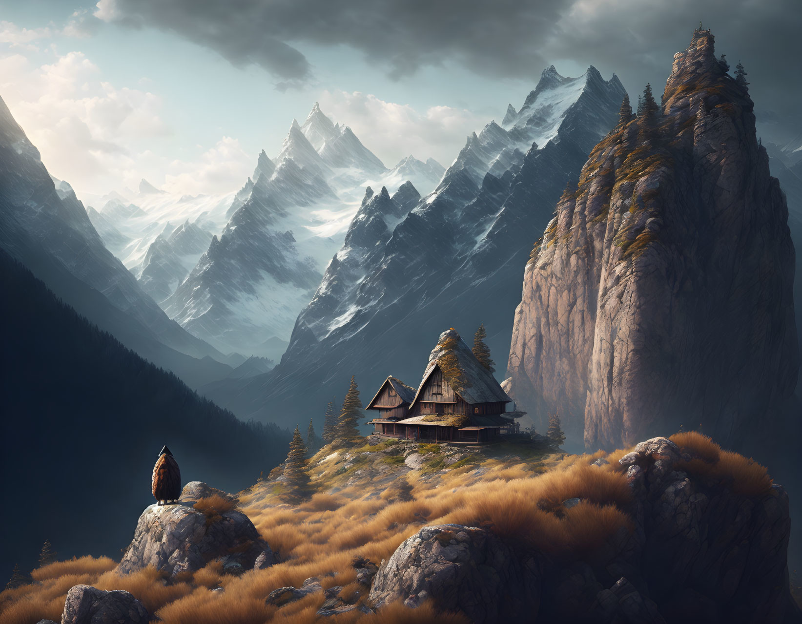 Mountain landscape with rustic house, jagged peaks, dramatic sky, and perched eagle.