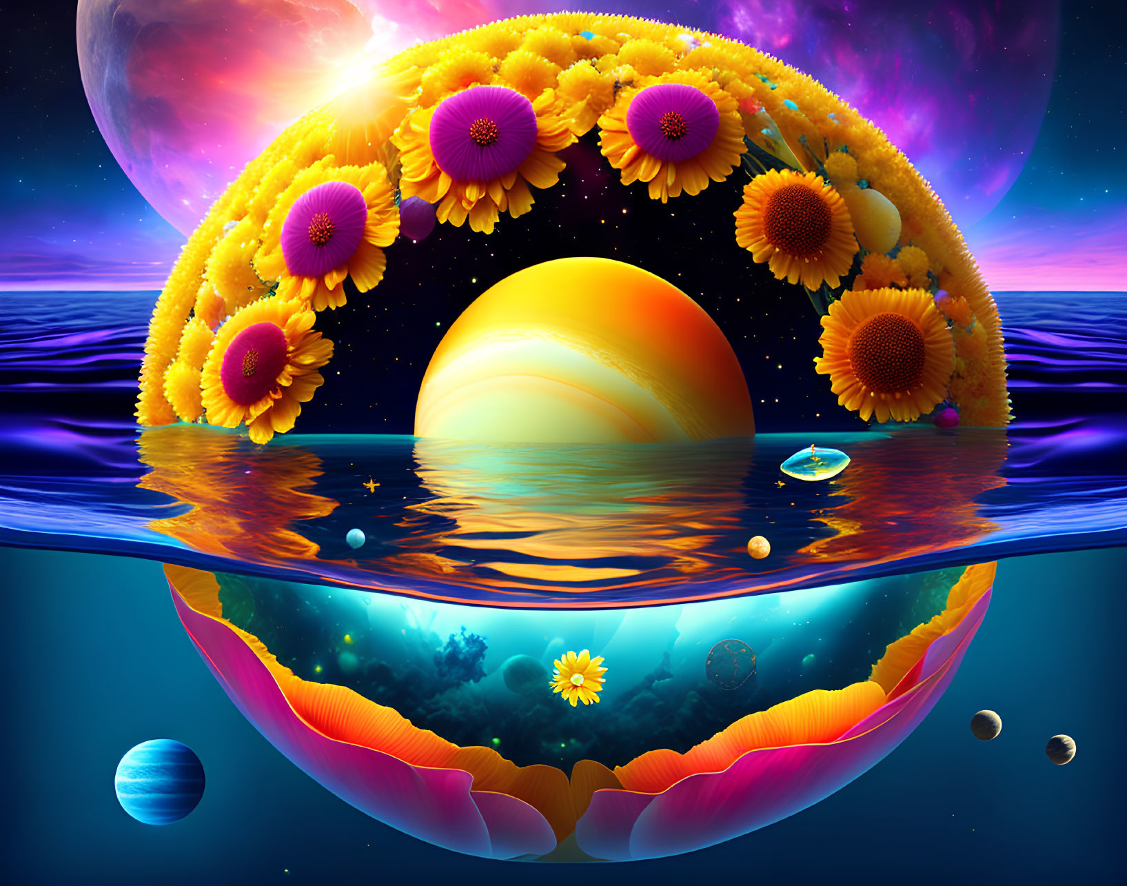 Surreal sunset landscape with floral ring and cosmic elements