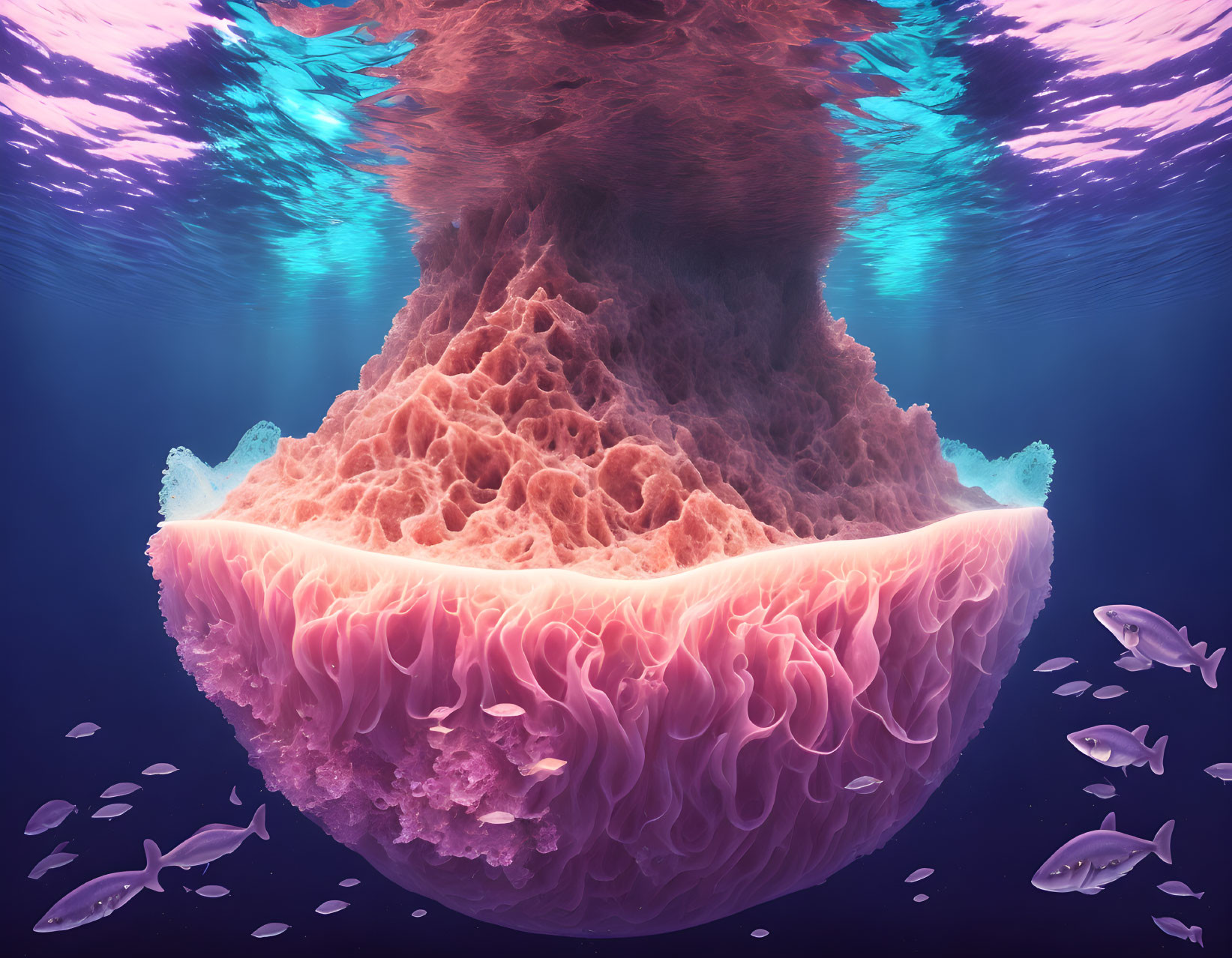 Vivid underwater scene with pink coral mushroom cloud and fish in blue light